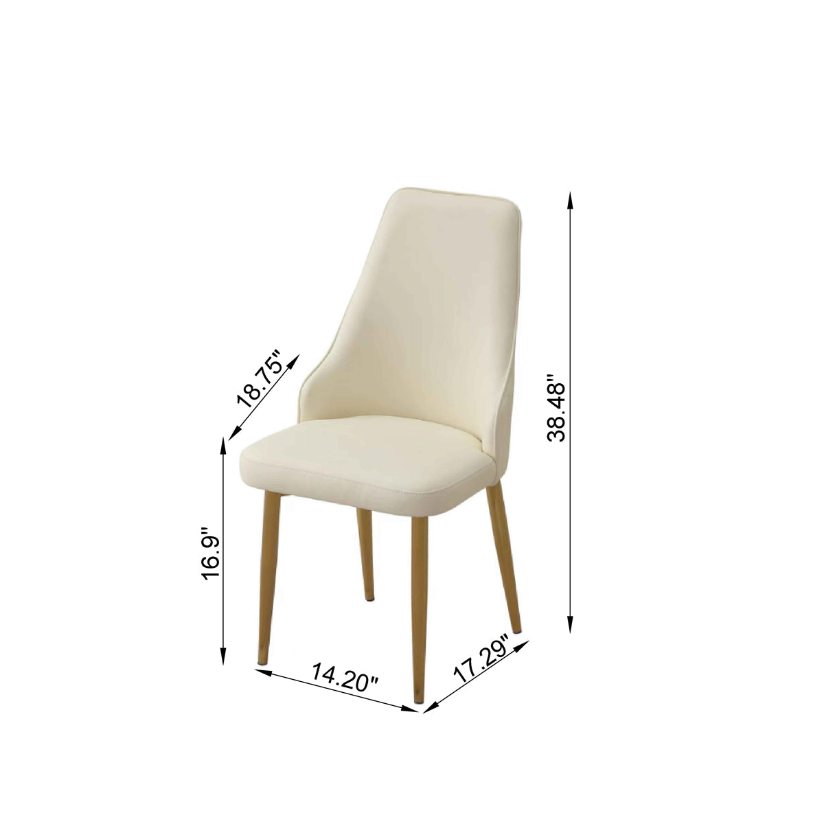 Cream upholstered dining chair with tapered wooden legs and dimensions shown
