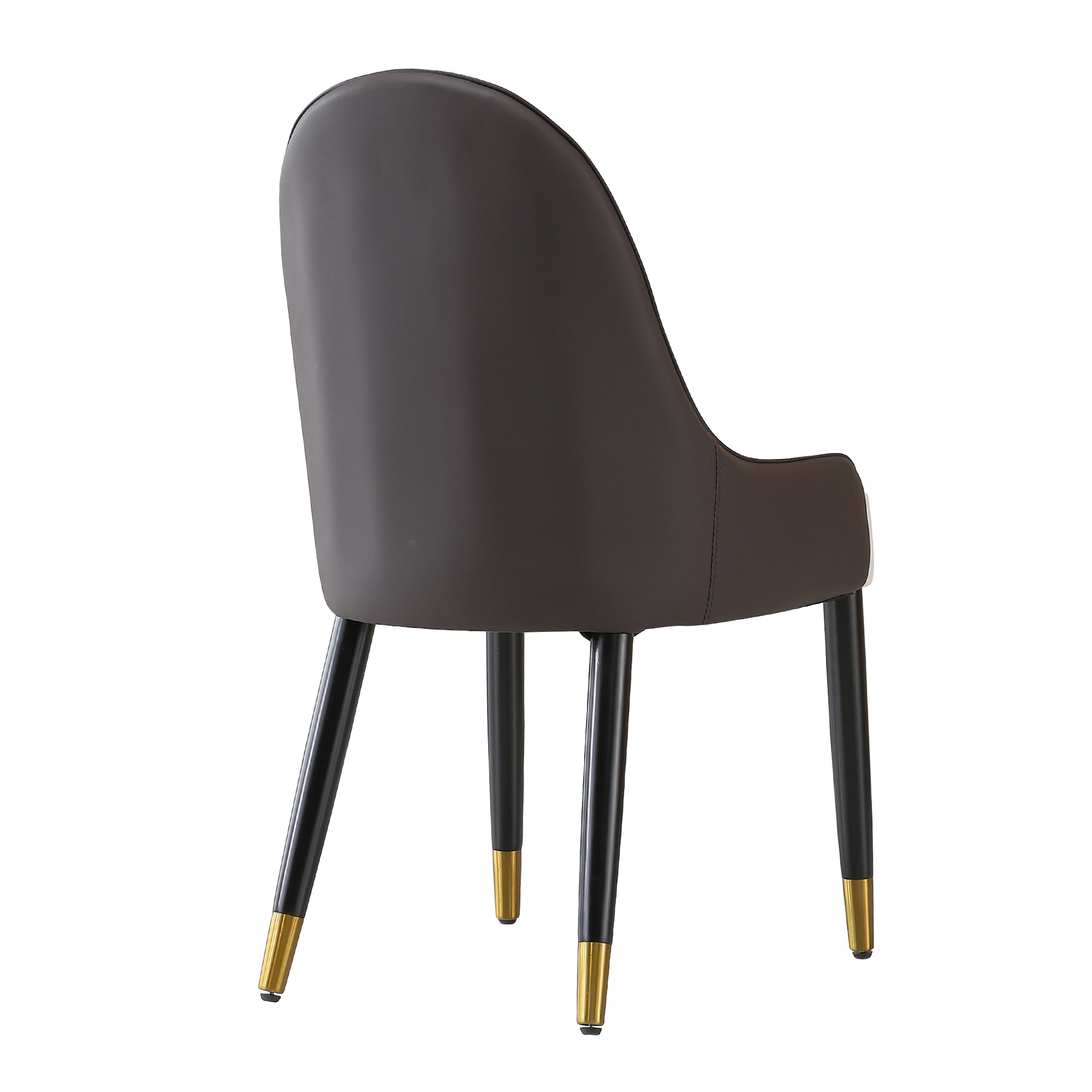 Dark brown upholstered dining chair with sleek black legs and gold accents