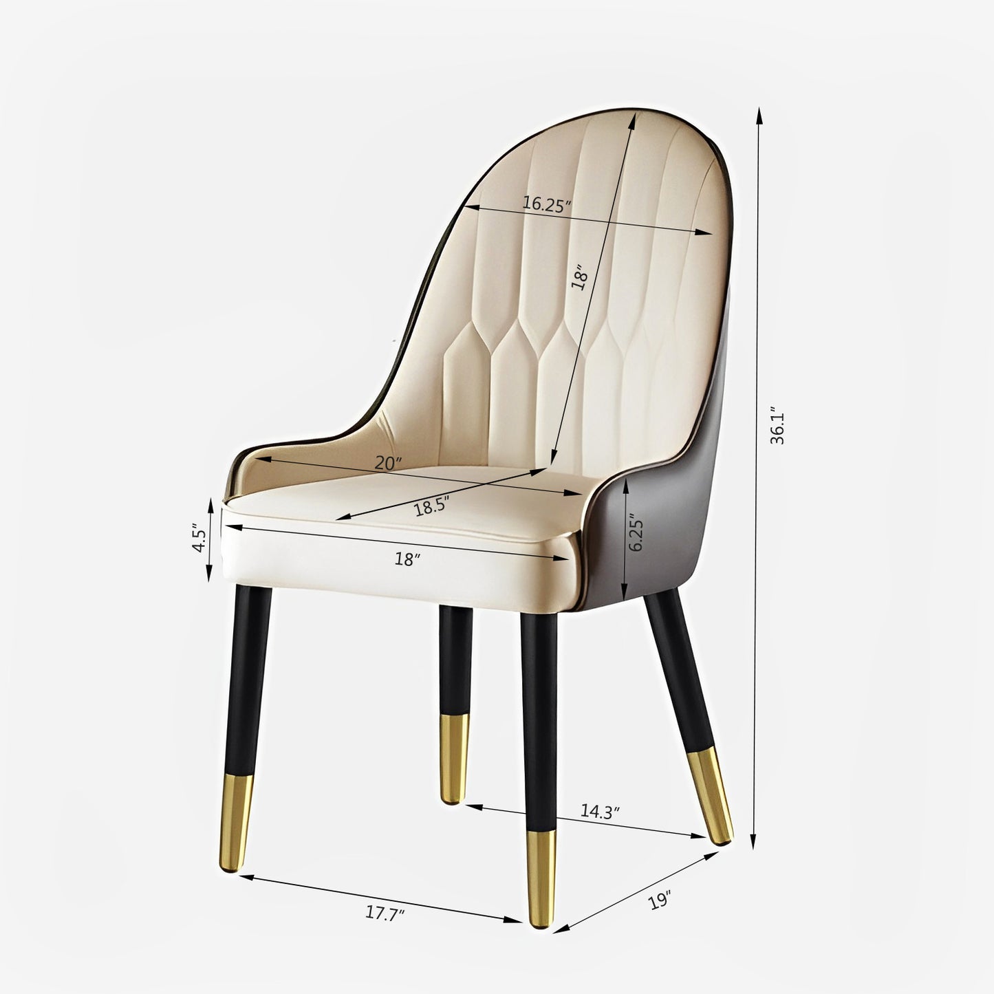 Tufted cream accent chair with dark grey curved back and goldcapped black legs