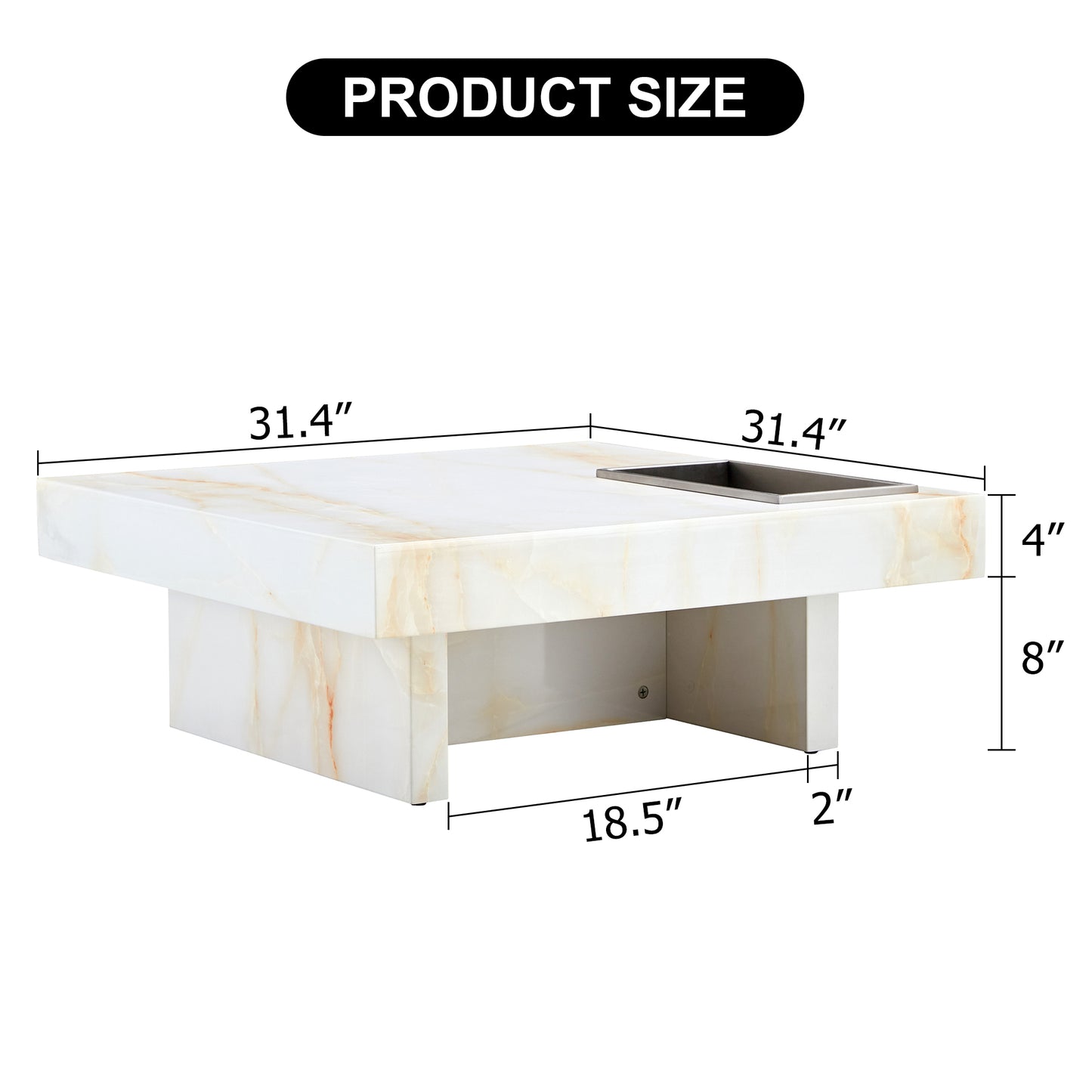 White marble coffee table with gold veining  square top  height builtin cooler Product Size