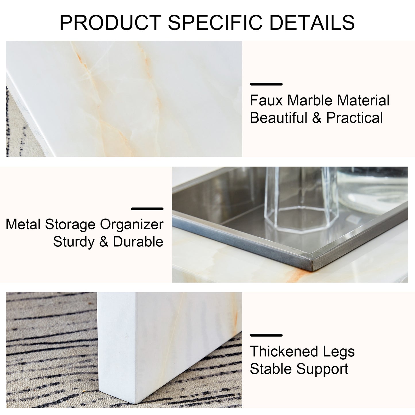 Closeup of faux marble tabletop with subtle orange veining
