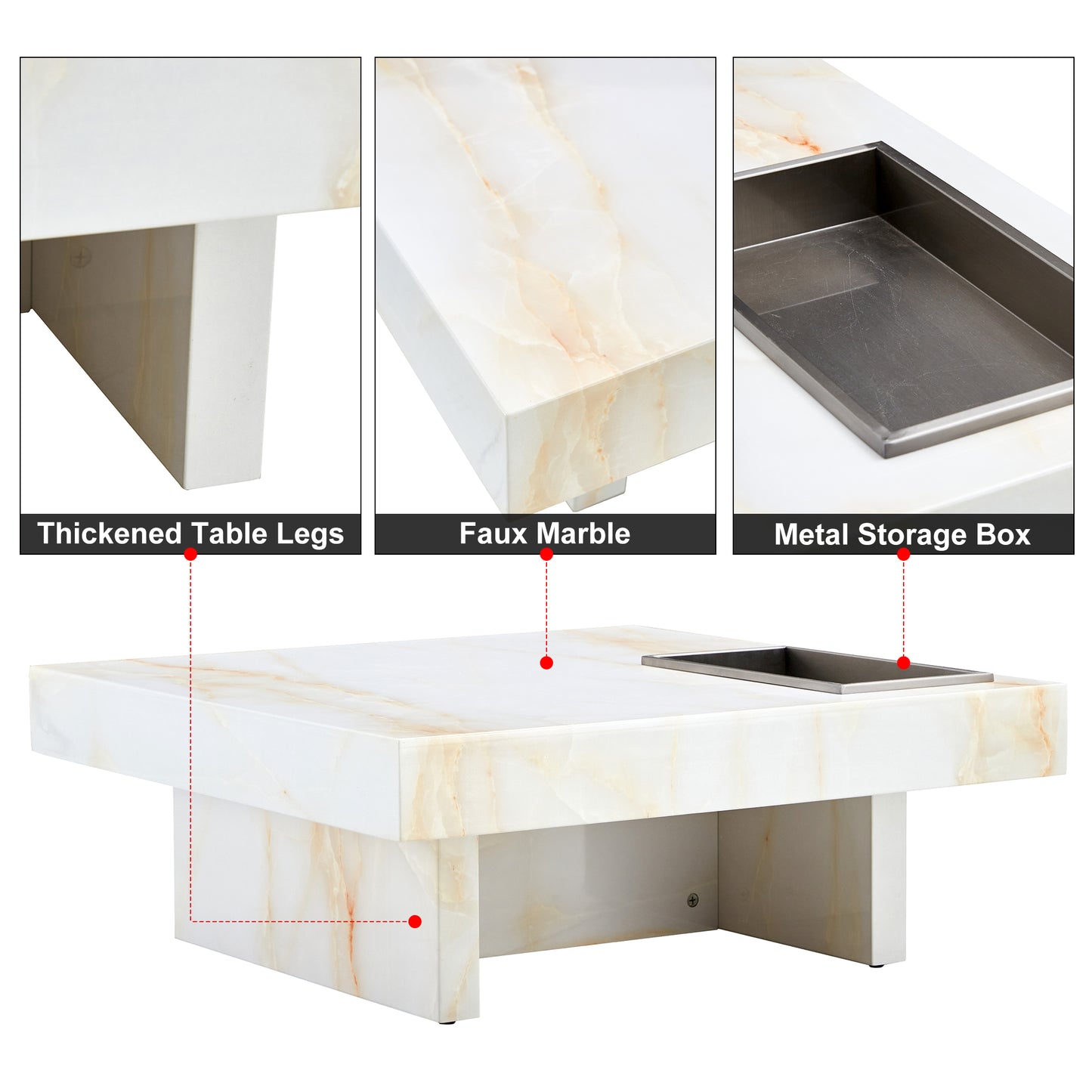 Modern faux marble coffee table with thick legs and metal storage