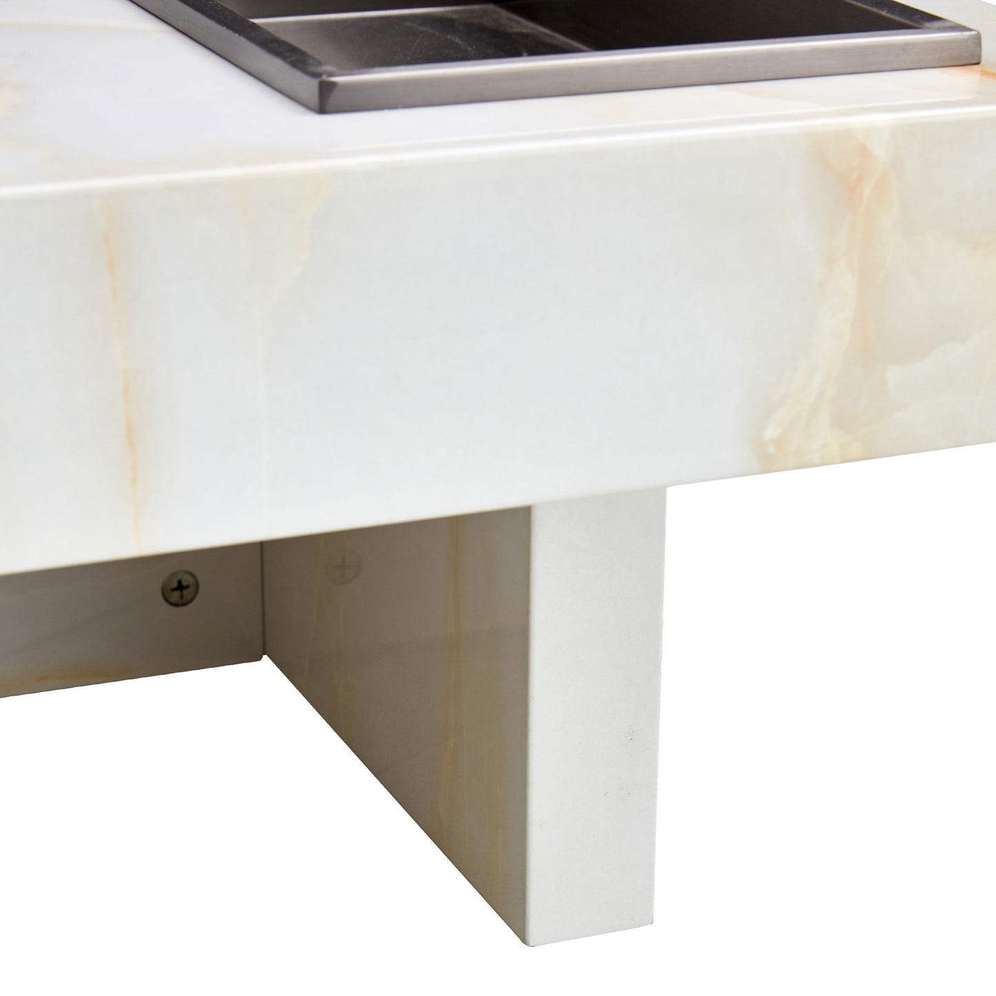 Modern white marble bathroom vanity with stainless steel sink inset
