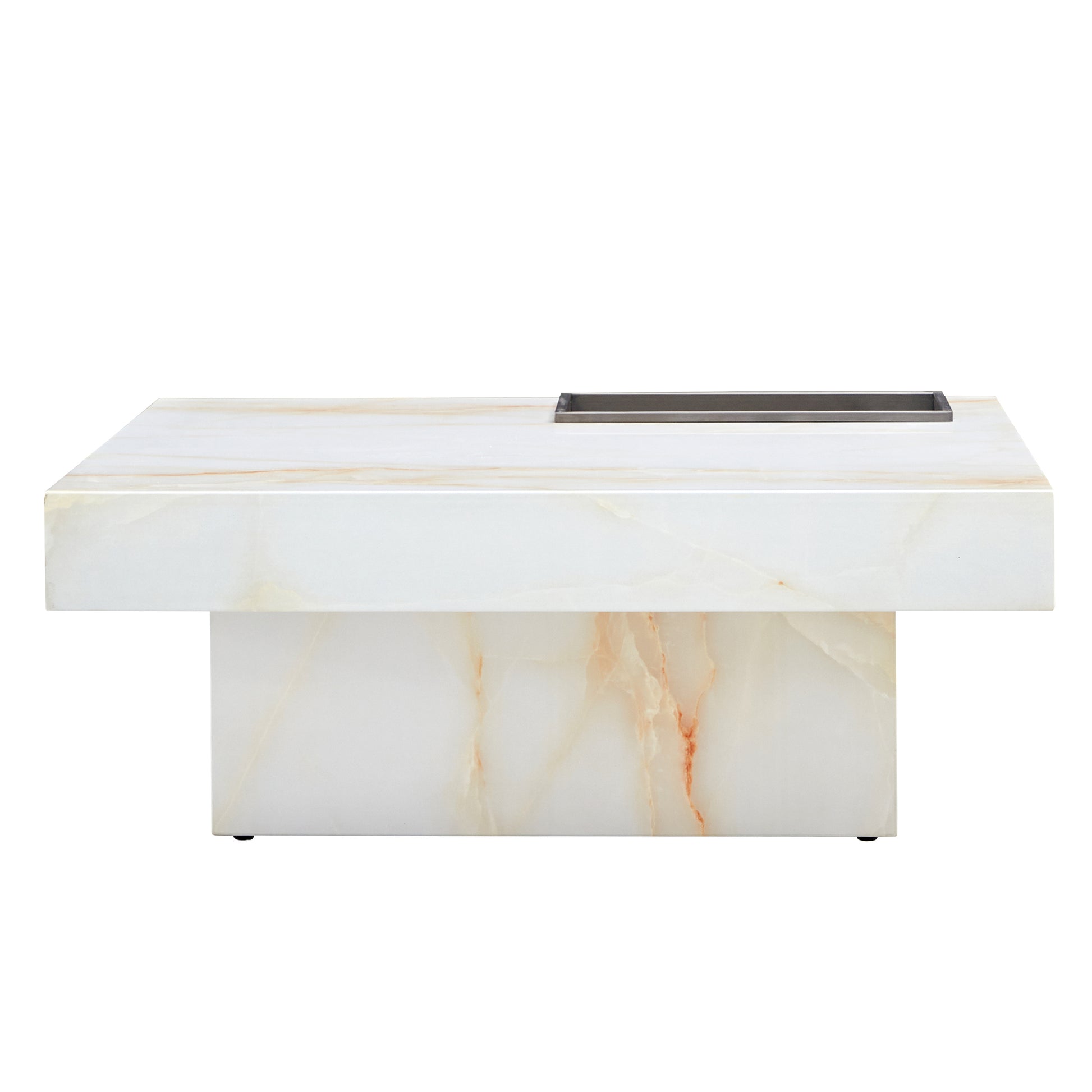 Modern white onyx coffee table with subtle gold veining and integrated dark metal tray