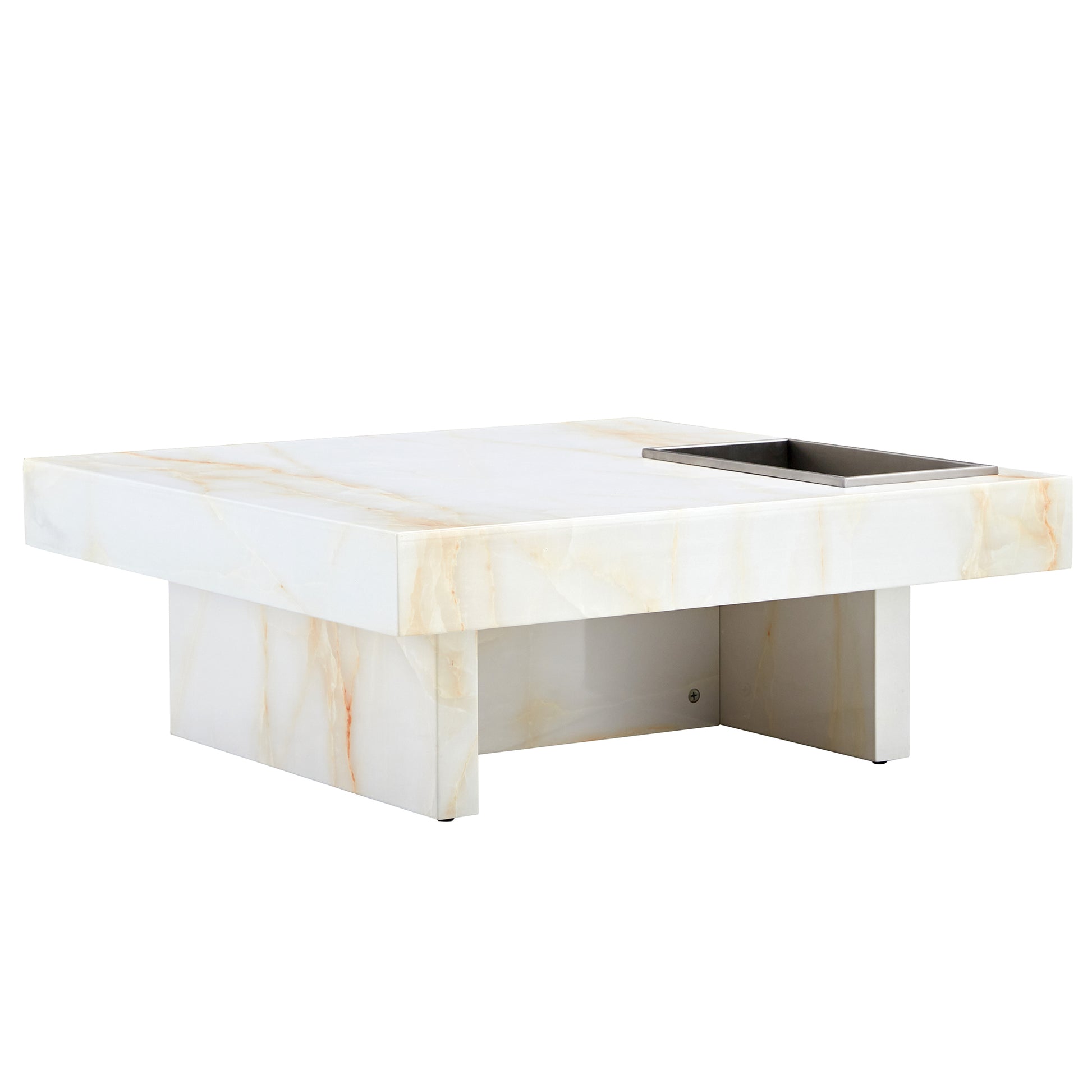 White onyx coffee table with marblelike veining and integrated metal cooler insert