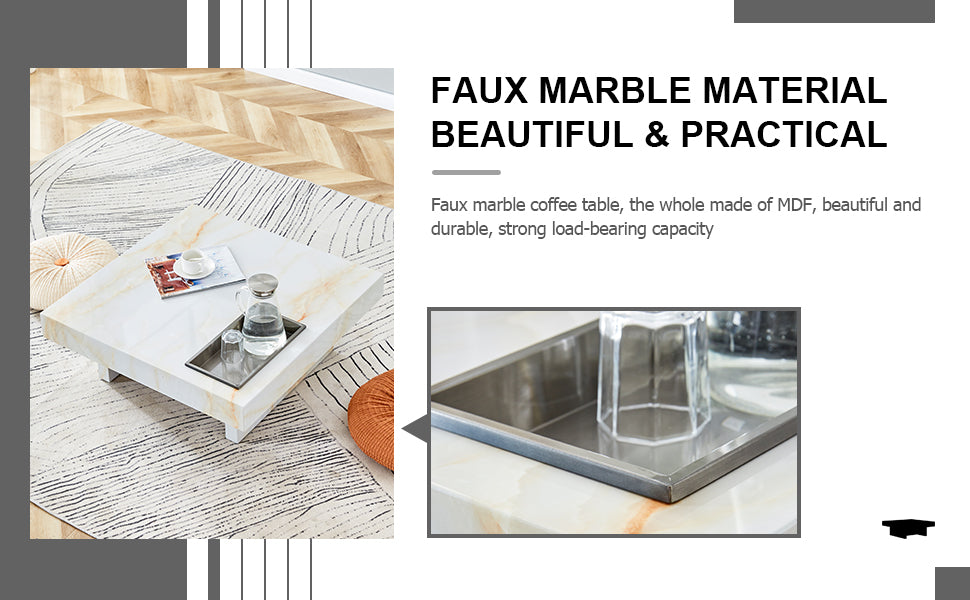 Square faux marble coffee table with a minimalist design and woodgrain accent rug