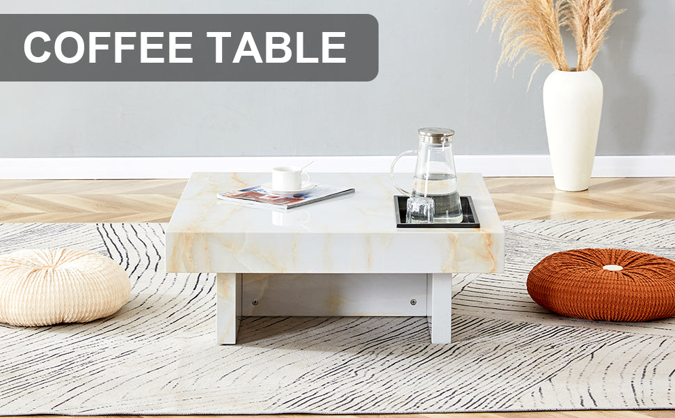 Square marble veneer coffee table with minimalist design perfect for modern living rooms