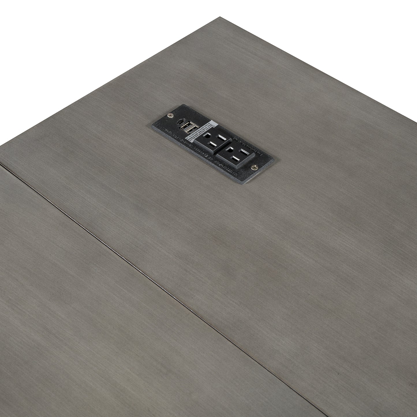 Gray wood surface with integrated power outlet and dual USB charging ports
