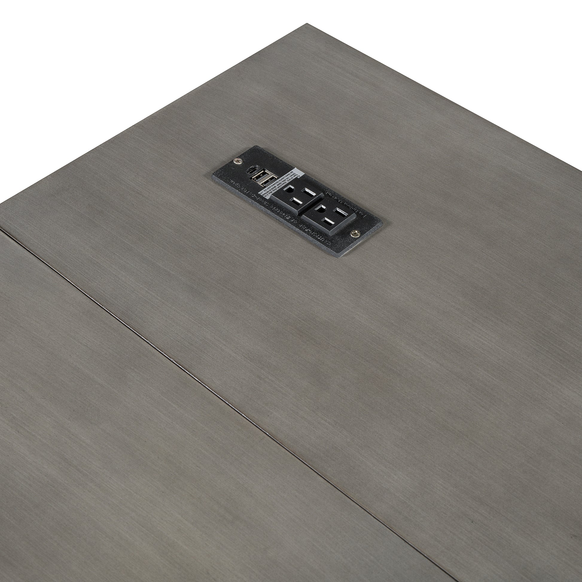 Gray wood surface with integrated power outlet and dual USB charging ports