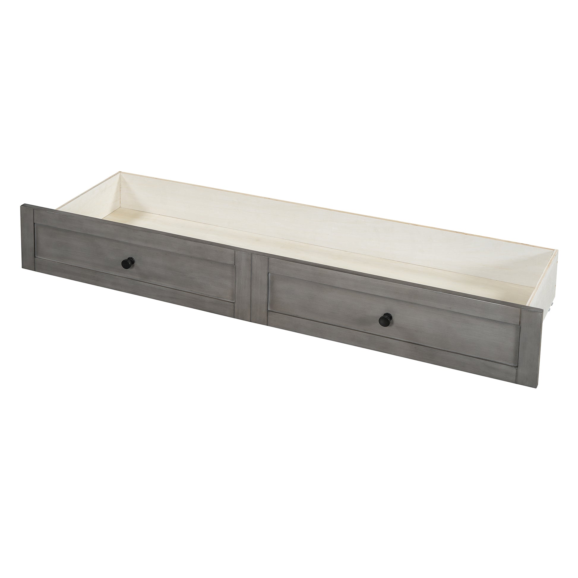 Gray wooden drawer with two black knobs
