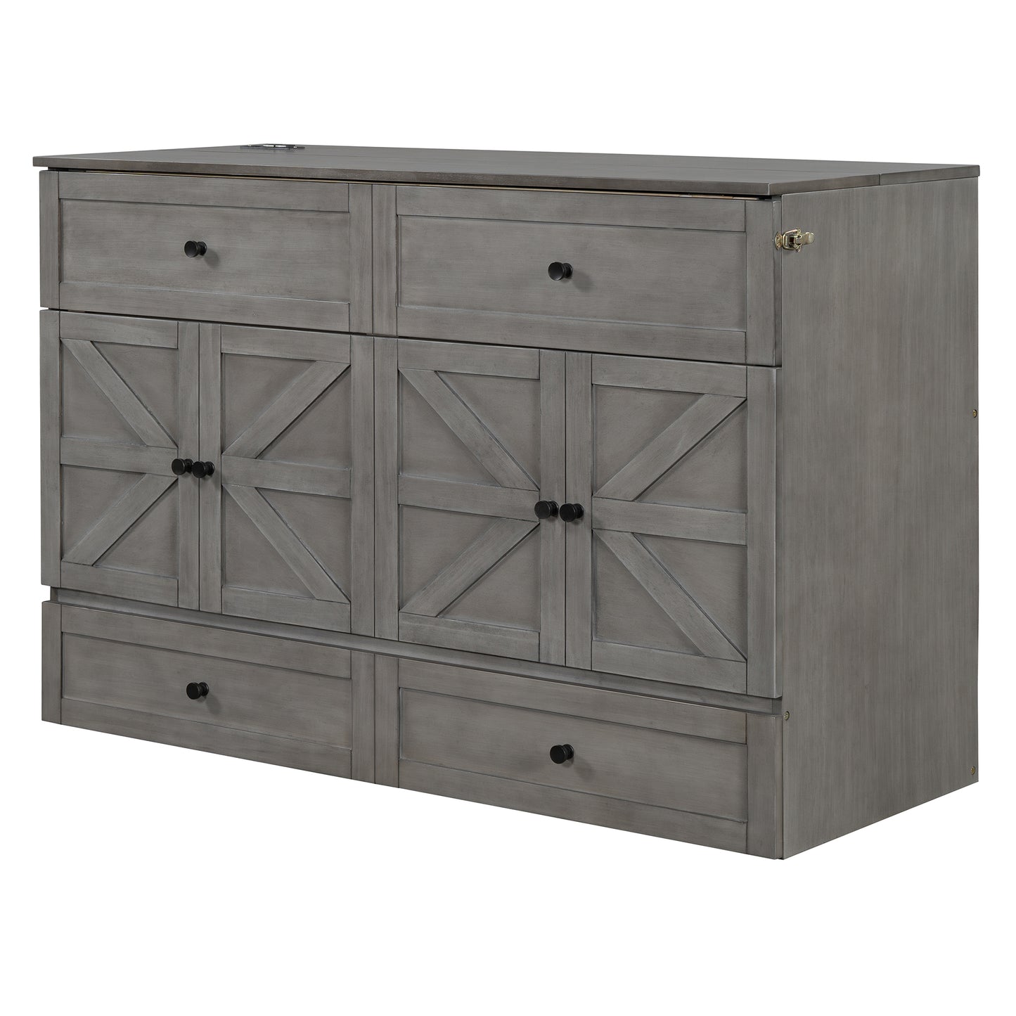 Gray farmhouse cabinet with xbrace doors and brass hardware