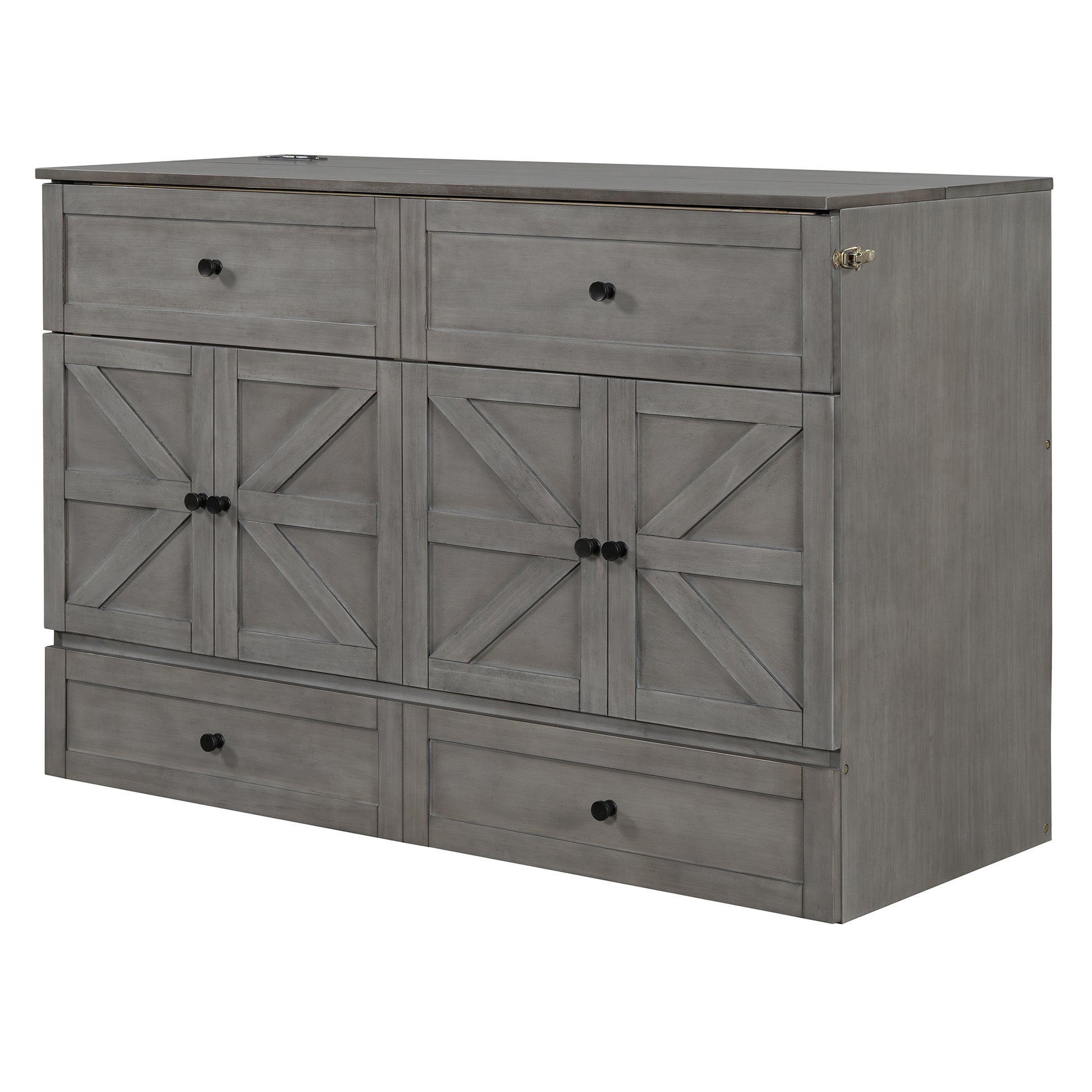 Gray farmhouse cabinet with xbrace doors and brass hardware