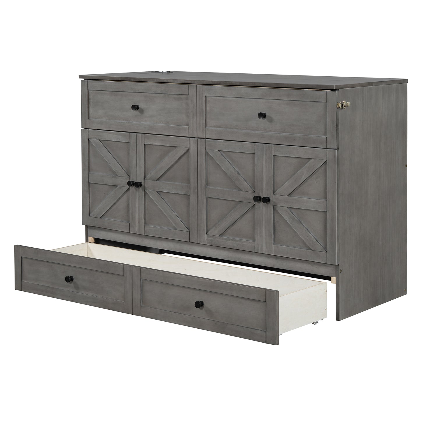 Gray farmhouse dresser with four drawers and four cabinet doors