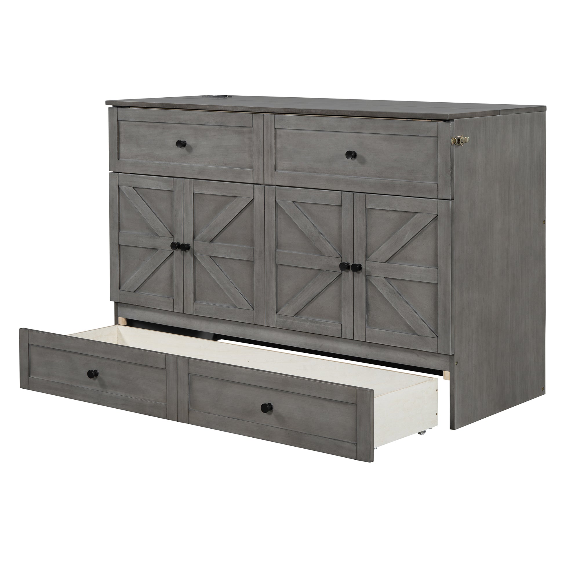 Gray farmhouse dresser with four drawers and four cabinet doors