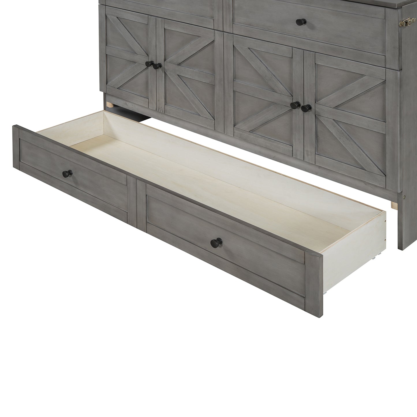 Gray farmhouse dresser with open drawer