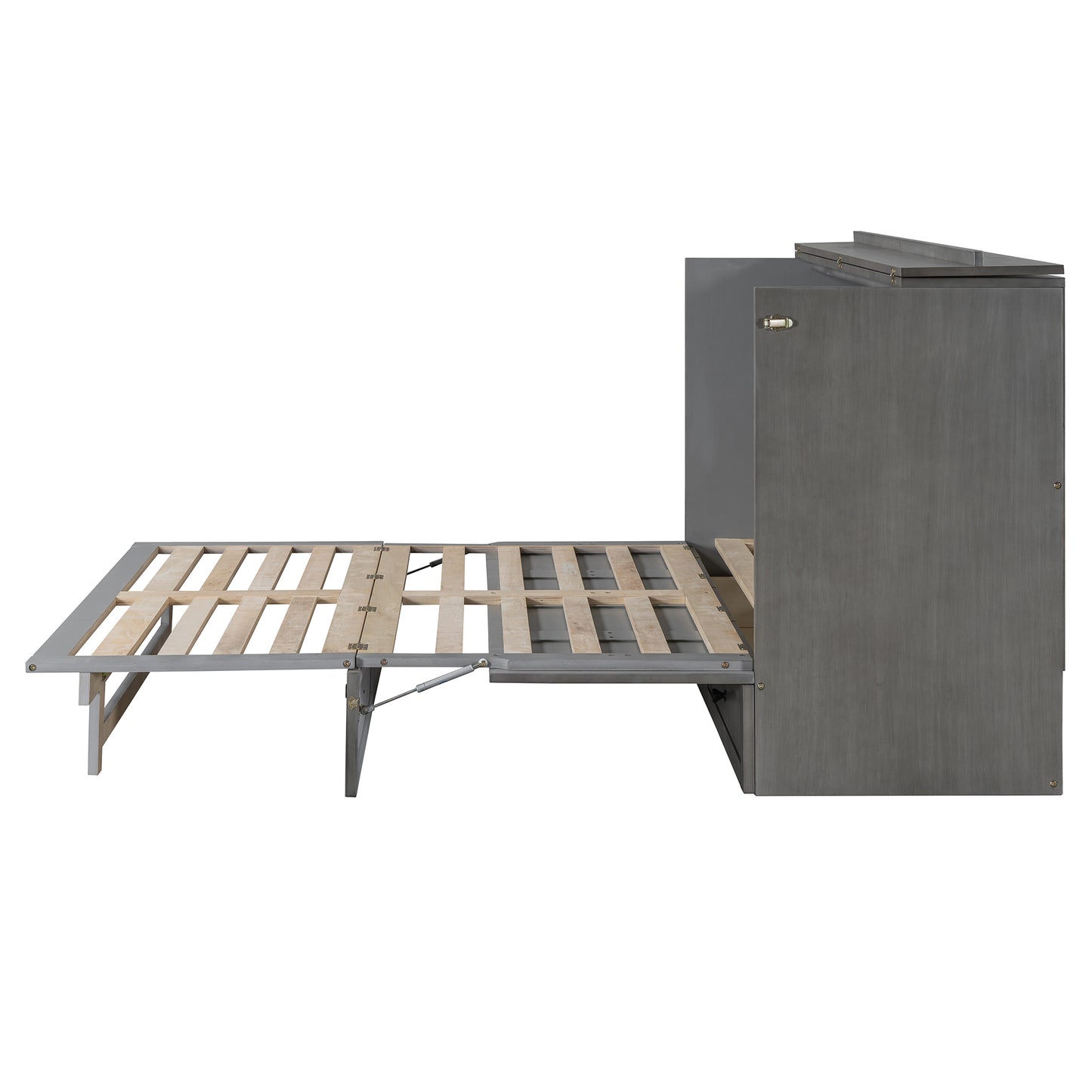 Open Murphy bed frame with gray cabinet
