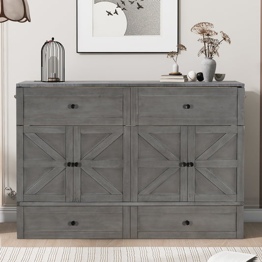 Gray farmhouse sideboard with four doors and four drawers