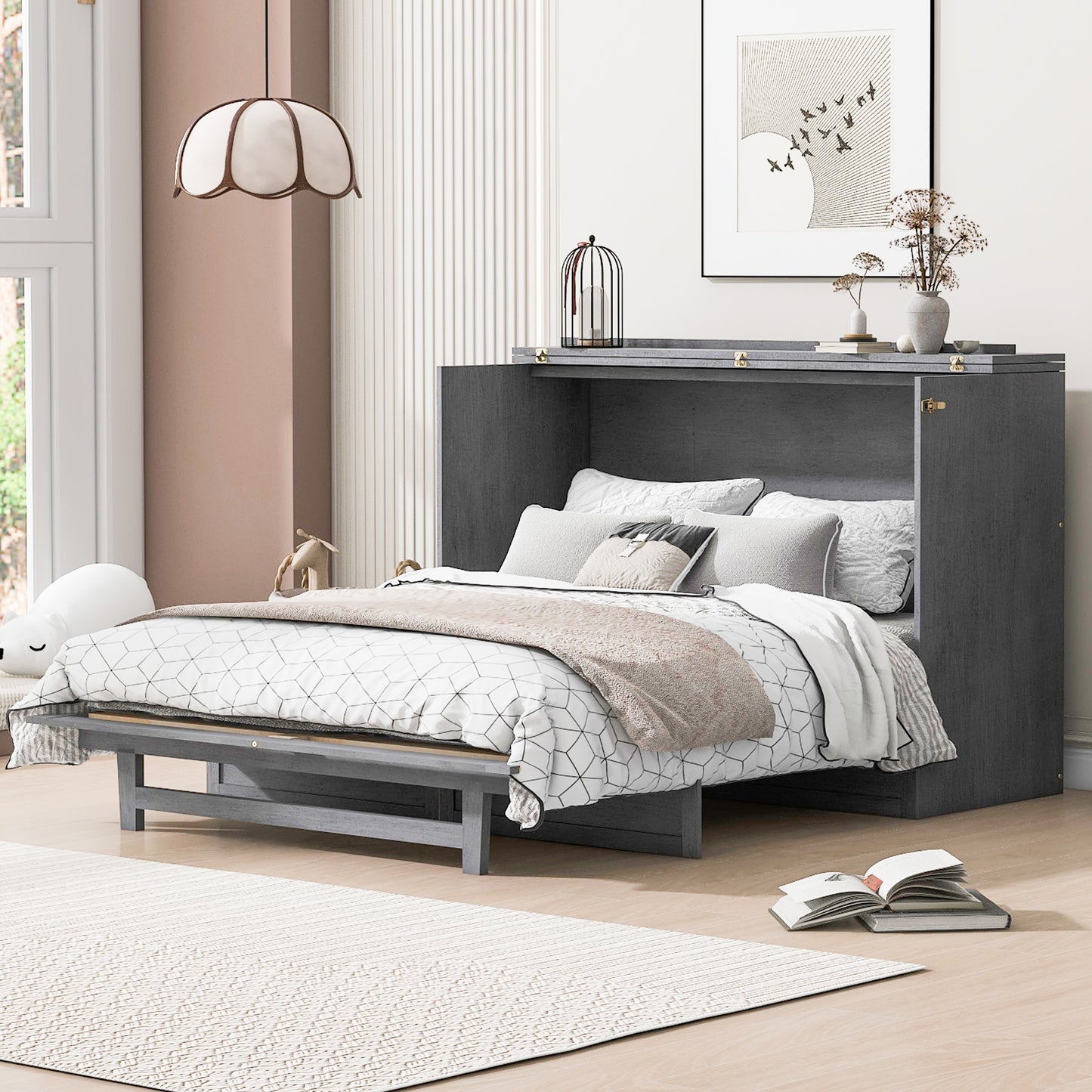 Dark gray wall bed with queen mattress and geometric duvet cover