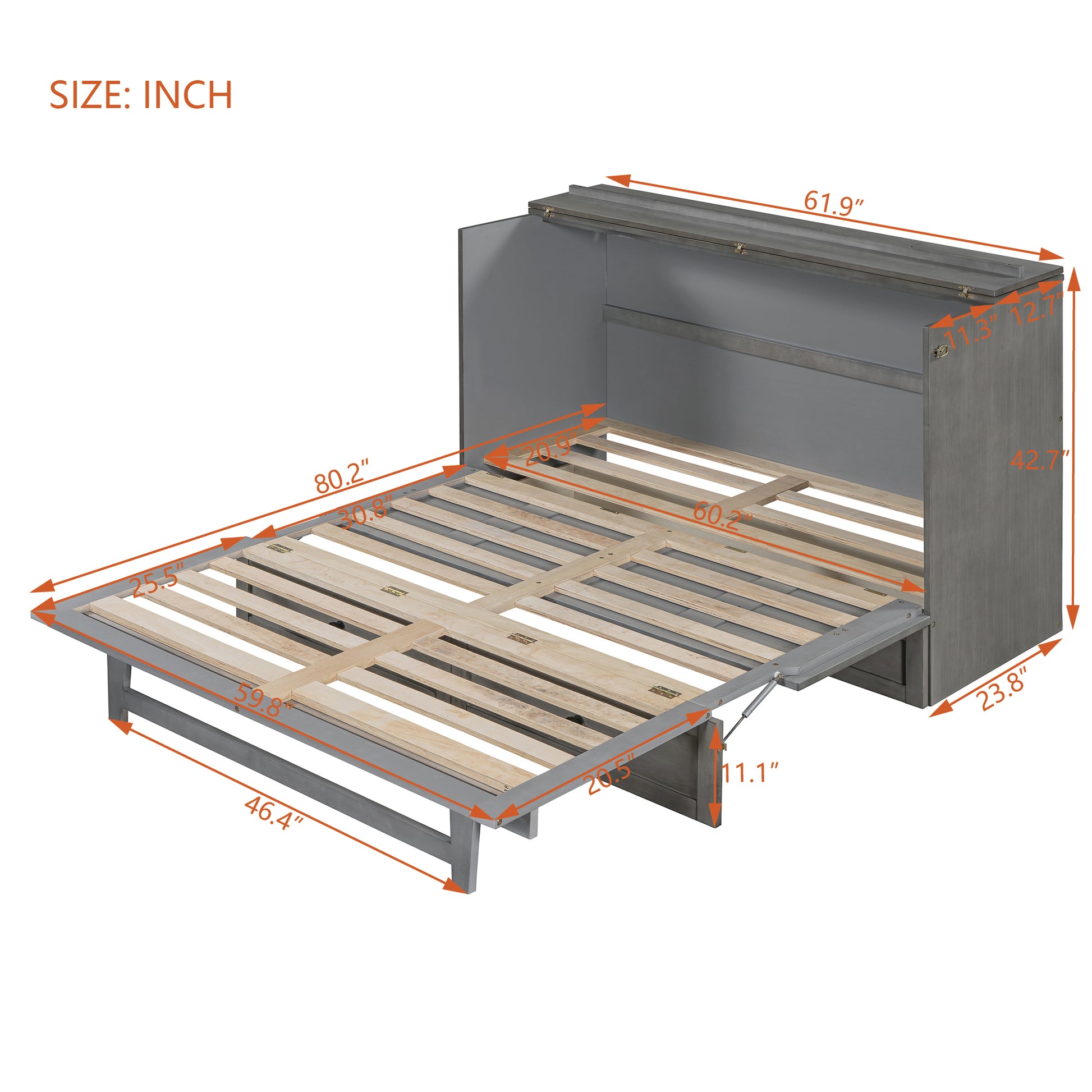 Gray murphy bed frame with slatted support and open dimensions shown