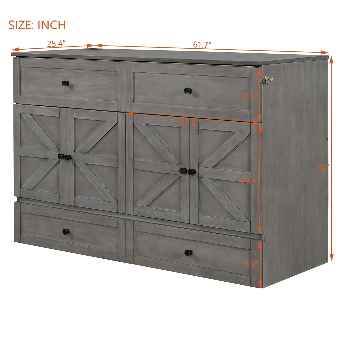 Gray farmhouse cabinet with four doors and two drawers