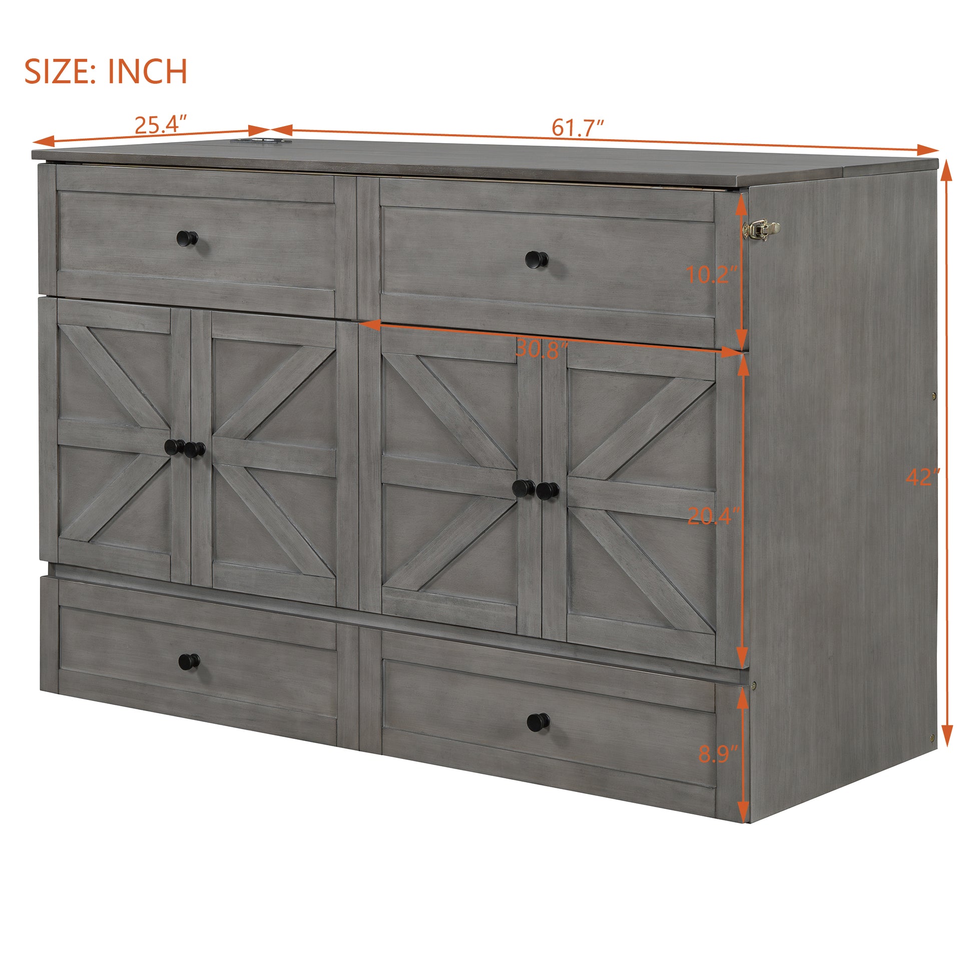 Gray farmhouse cabinet with four doors and two drawers