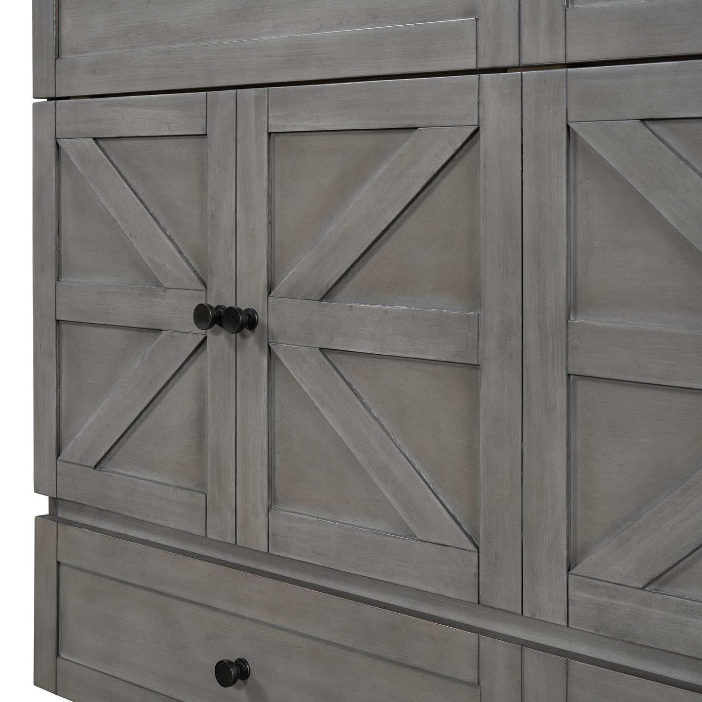 Grey barn door cabinet with Xdetail doors and black hardware