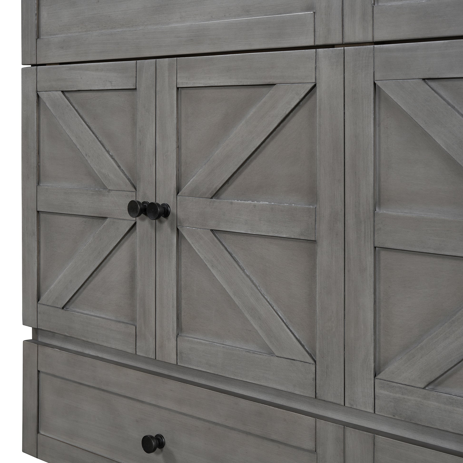 Grey barn door cabinet with Xdetail doors and black hardware