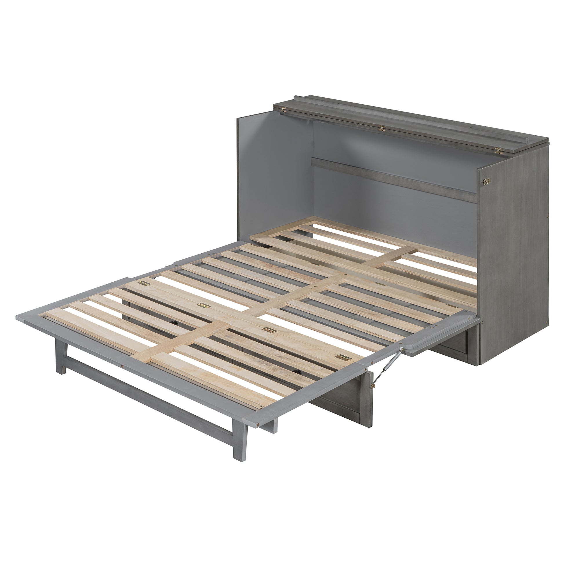 Gray Murphy bed cabinet with wooden slatted mattress support pulled out