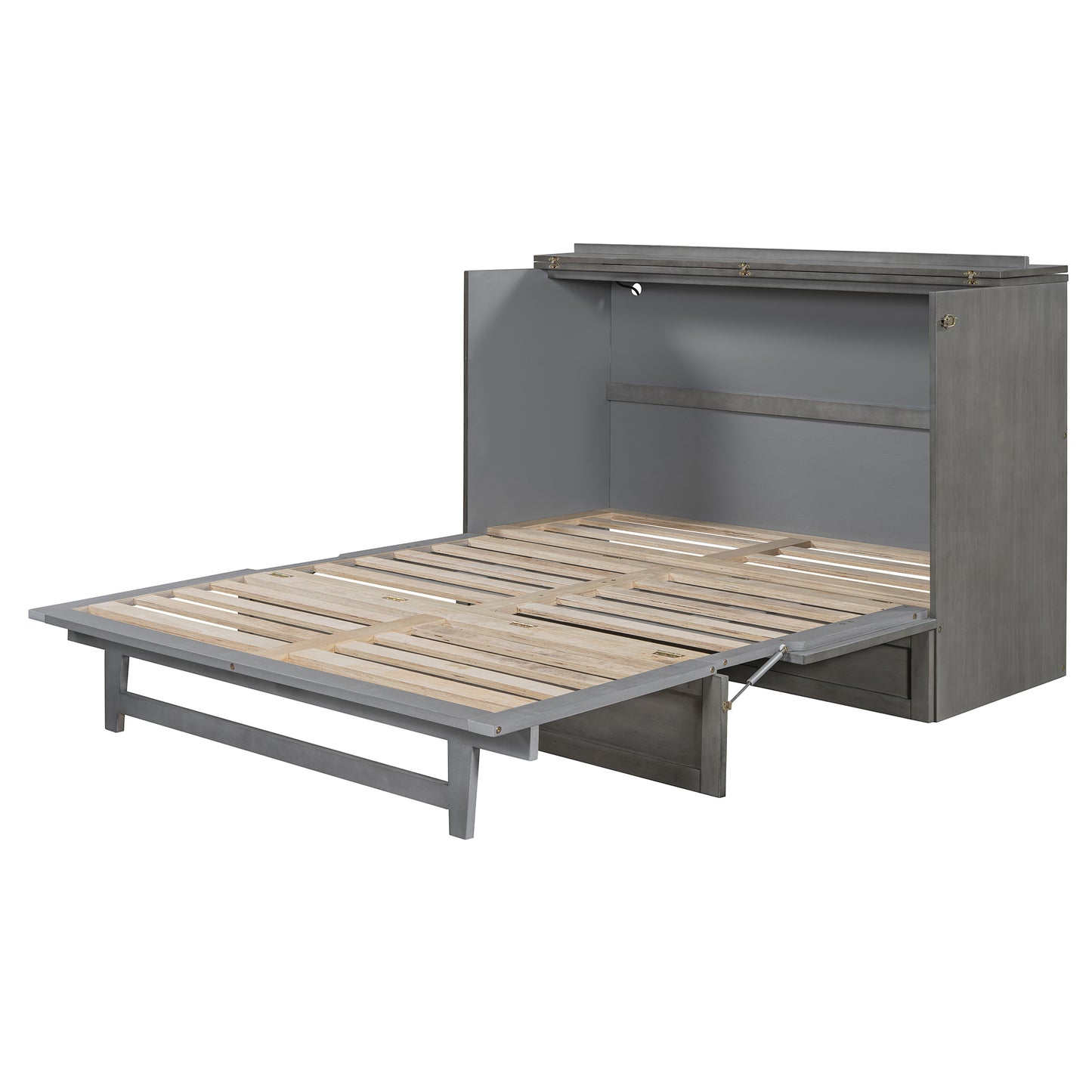 Gray murphy bed mechanism extended with wooden slats