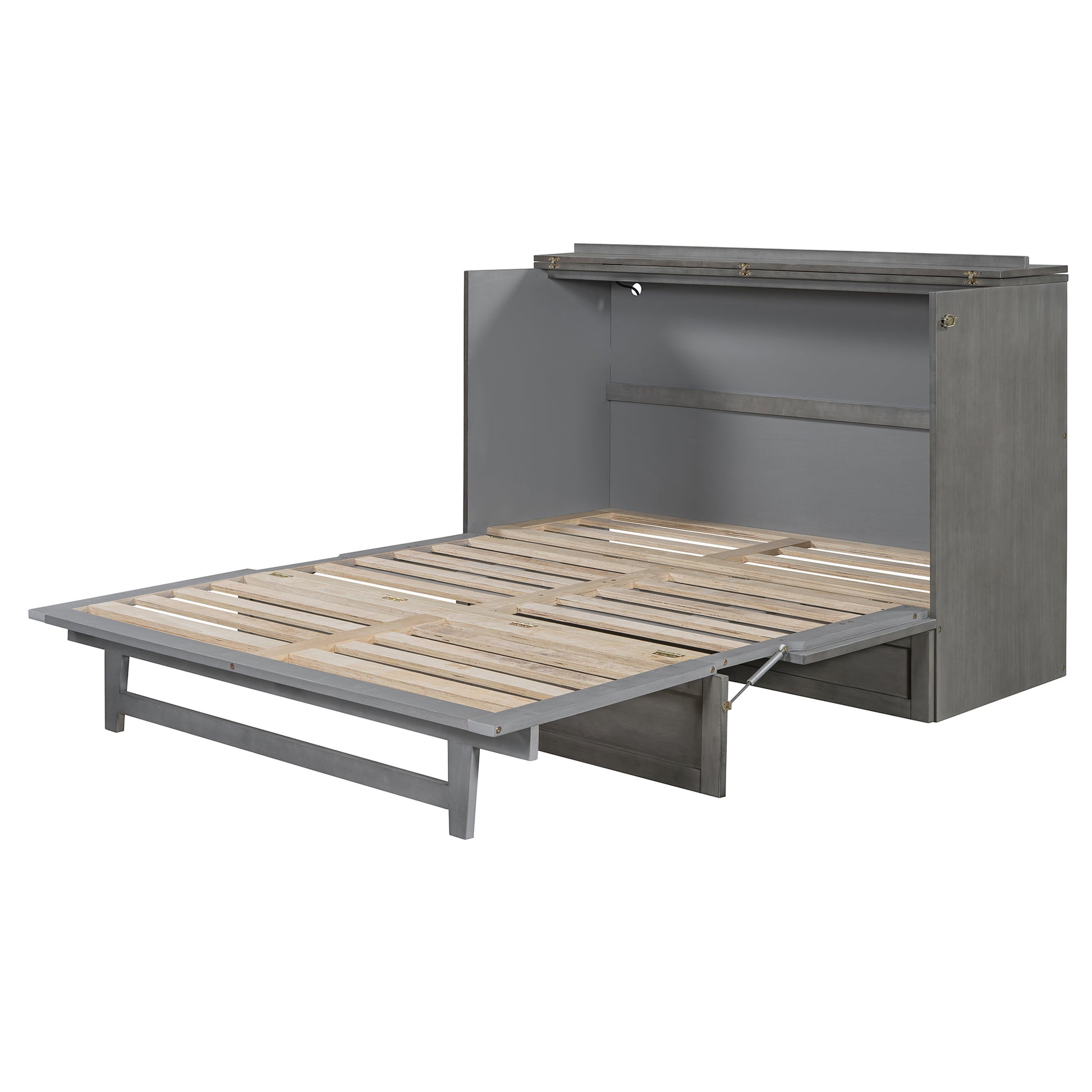 Gray murphy bed mechanism extended with wooden slats