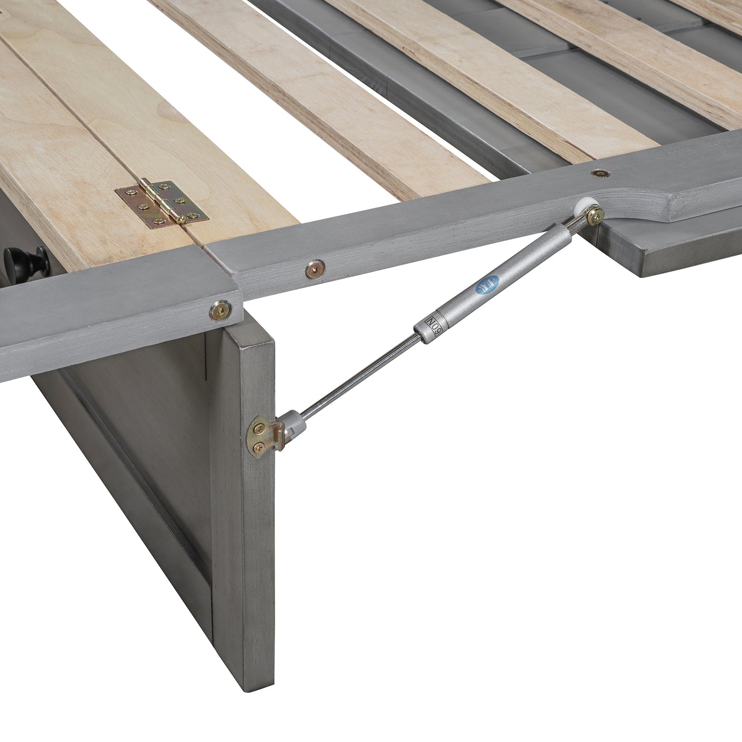 Closeup of grey bed frame with wooden slats and gas lift mechanism