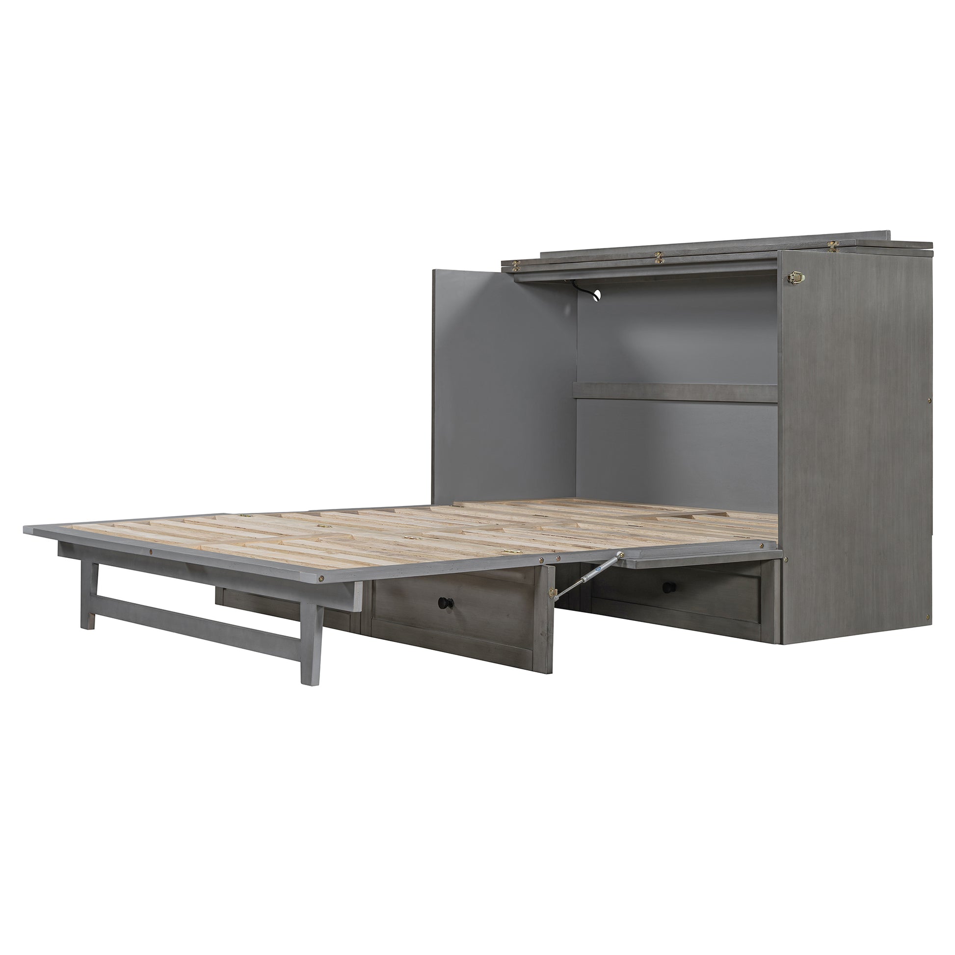 Gray Murphy bed with open wooden slatted mattress support and storage drawers