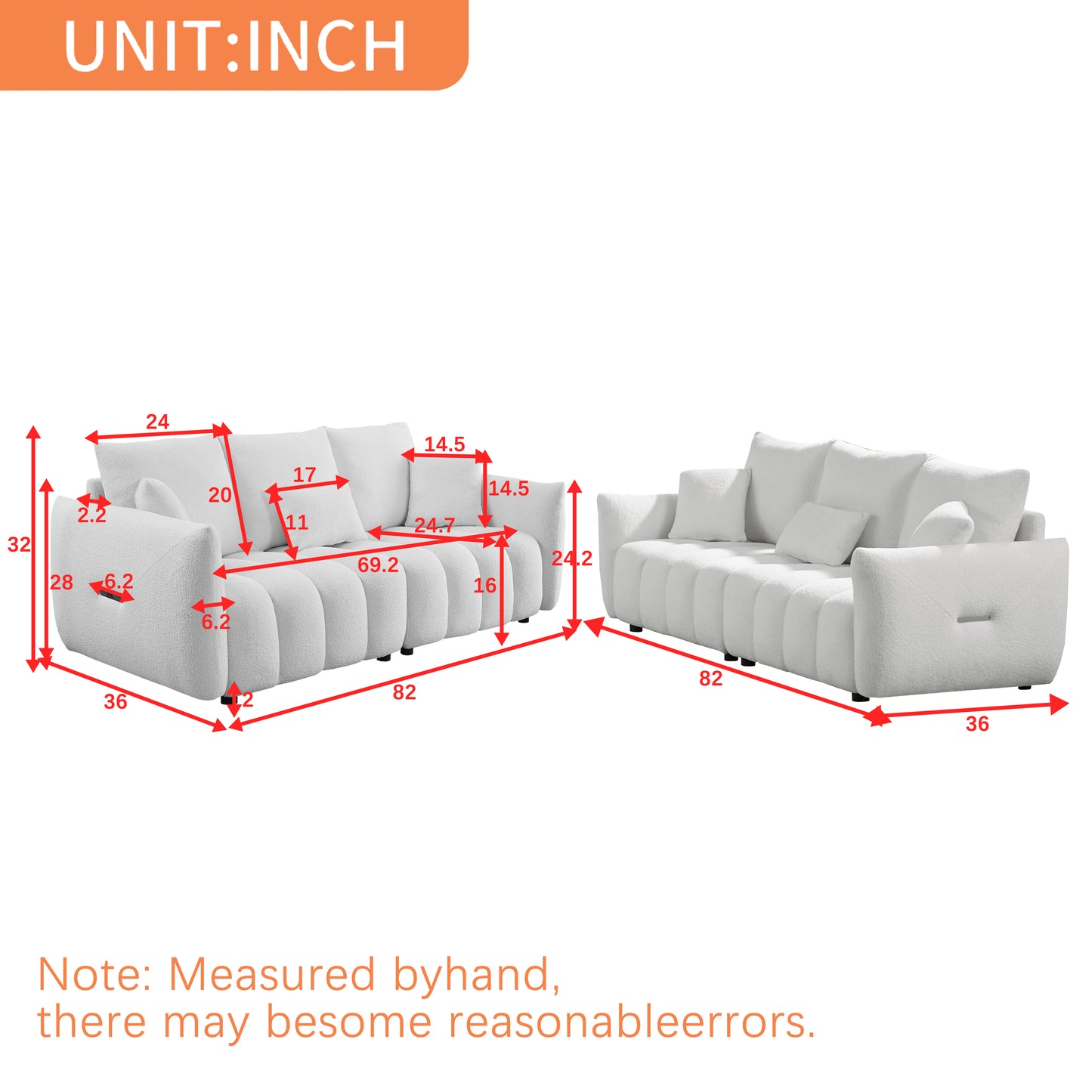 White boucle fabric sofa with plush cushions dimensions shown in inches for modern living rooms