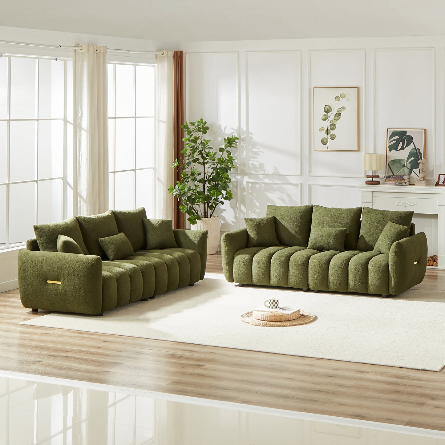 Plush olive green sofa set with channel tufting and gold accents perfect for modern living rooms