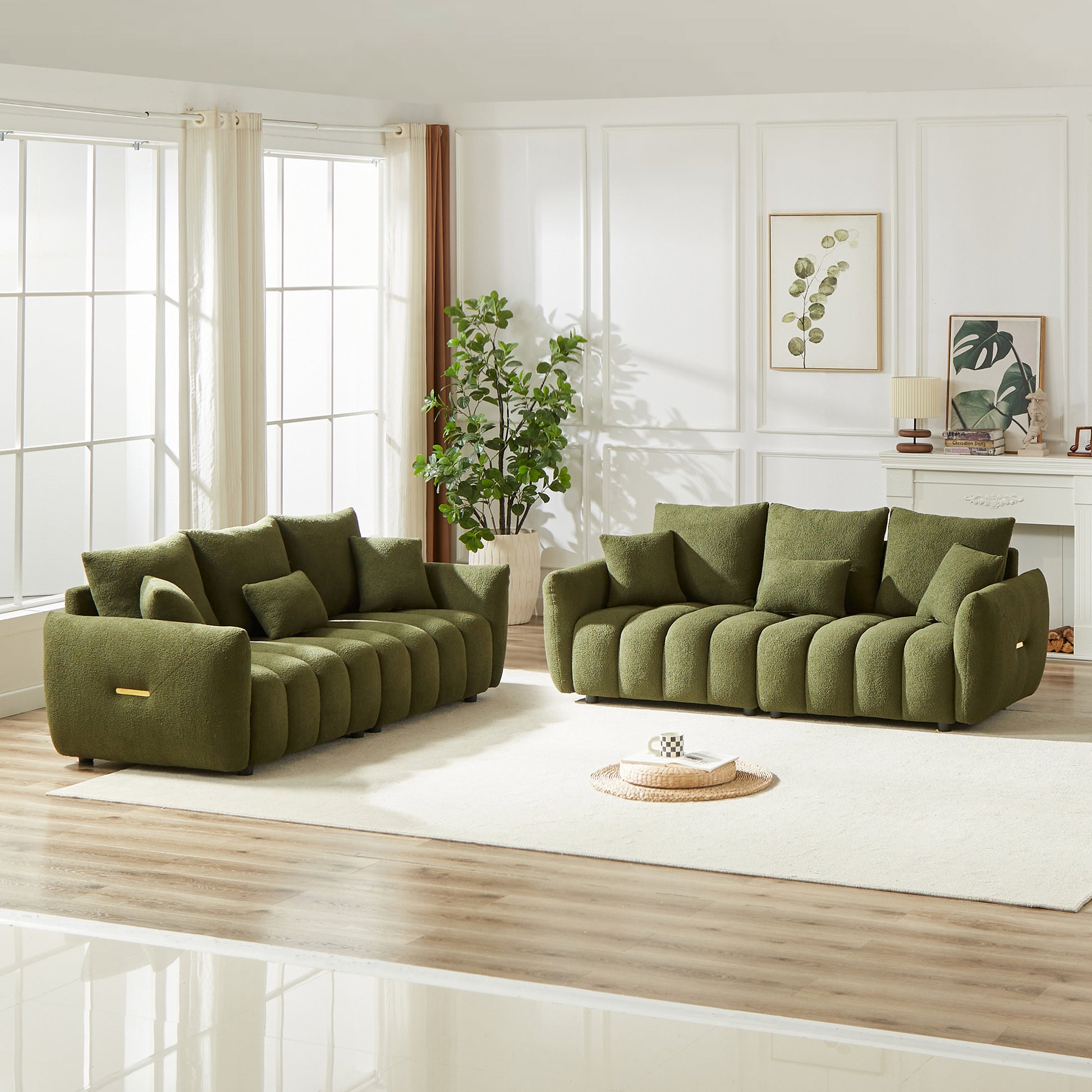 Plush olive green sofa set with channel tufting and gold accents perfect for modern living rooms