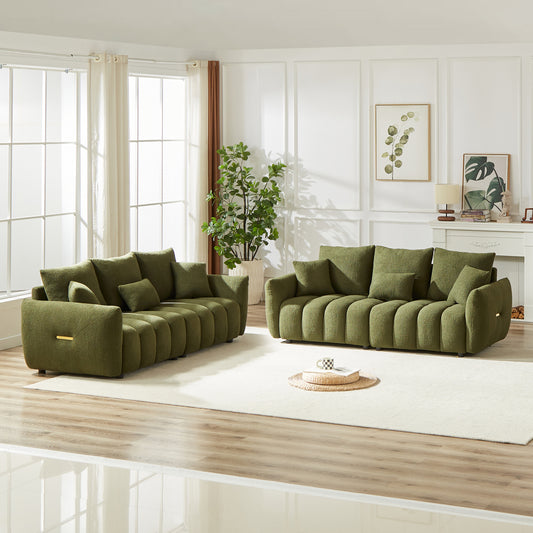 Plush olive green sofa set with channel tufting and gold accents perfect for modern living rooms