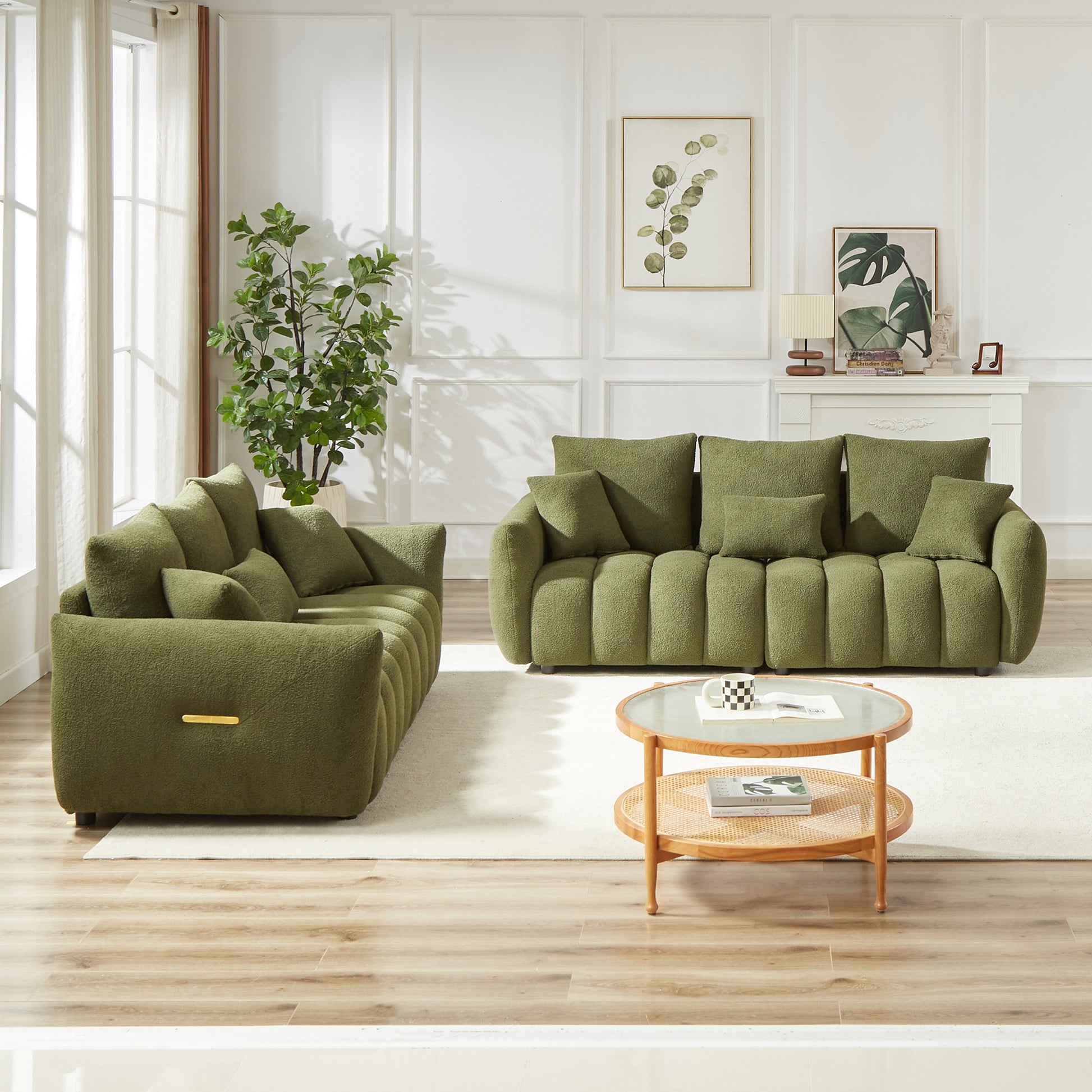 Plush green boucle fabric sofa with tufted channels and gold hardware accent