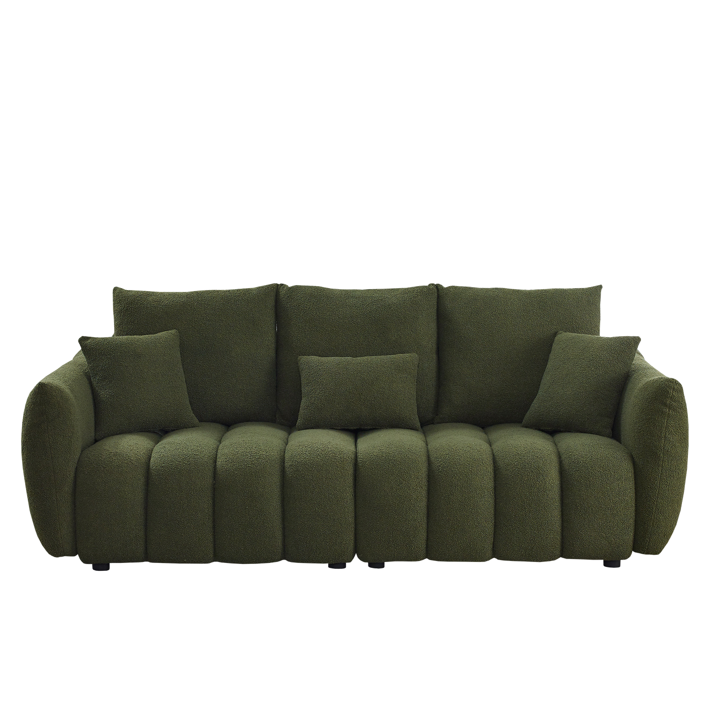 Deep green boucl fabric sofa with plush cushions and a modern channeltufted design