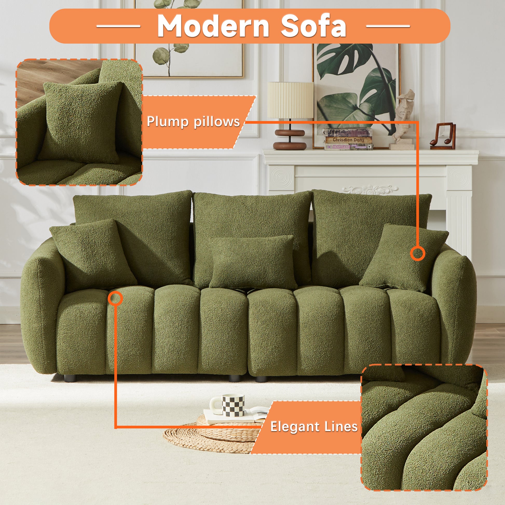 Plush olive green fabric sofa with deep tufted cushions and a modern design