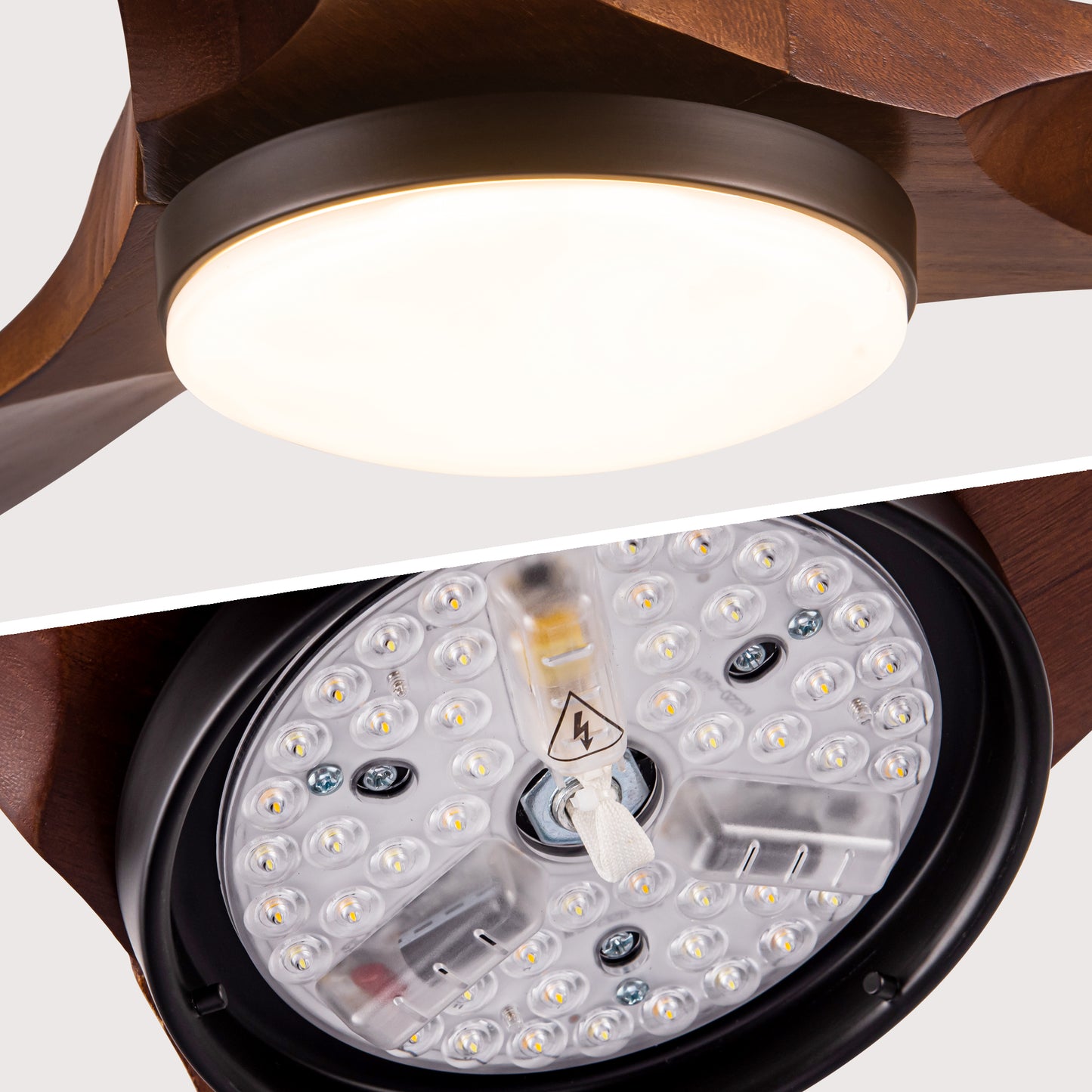 Closeup of a modern dark wood ceiling fan with integrated LED light fixture