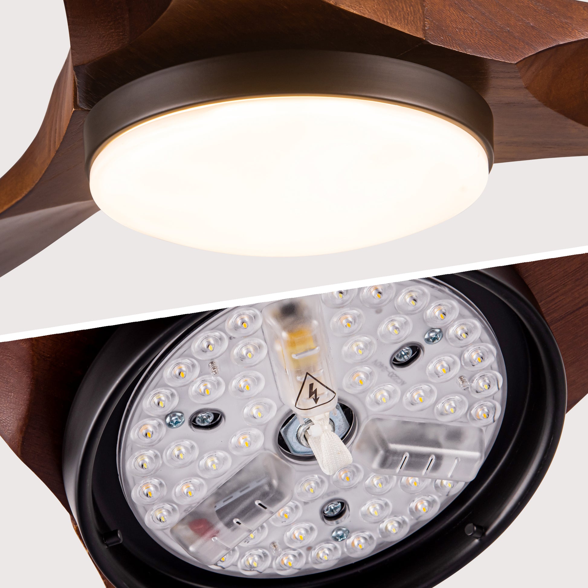 Closeup of a modern dark wood ceiling fan with integrated LED light fixture