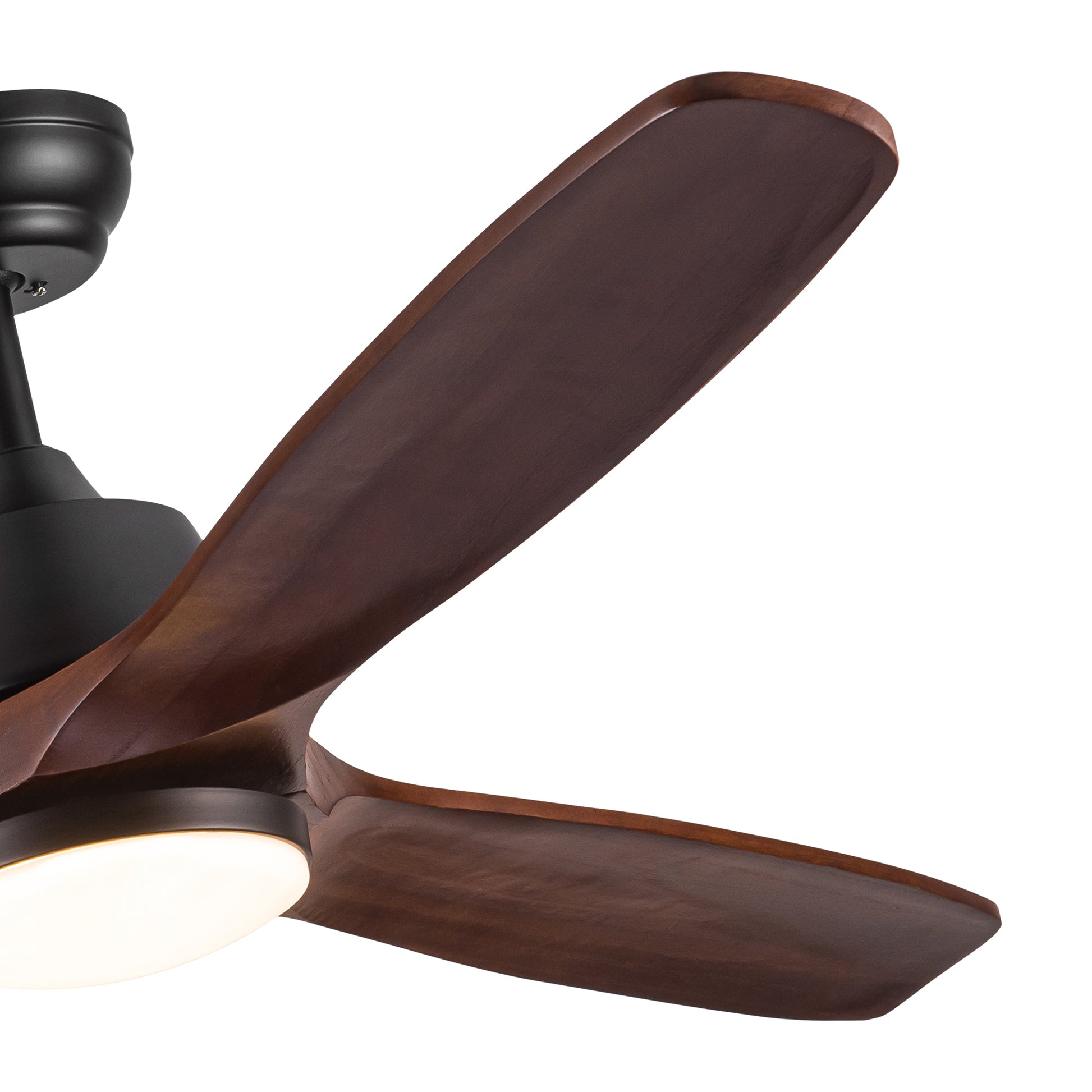Modern black ceiling fan with dark wood blades and integrated LED light fixture