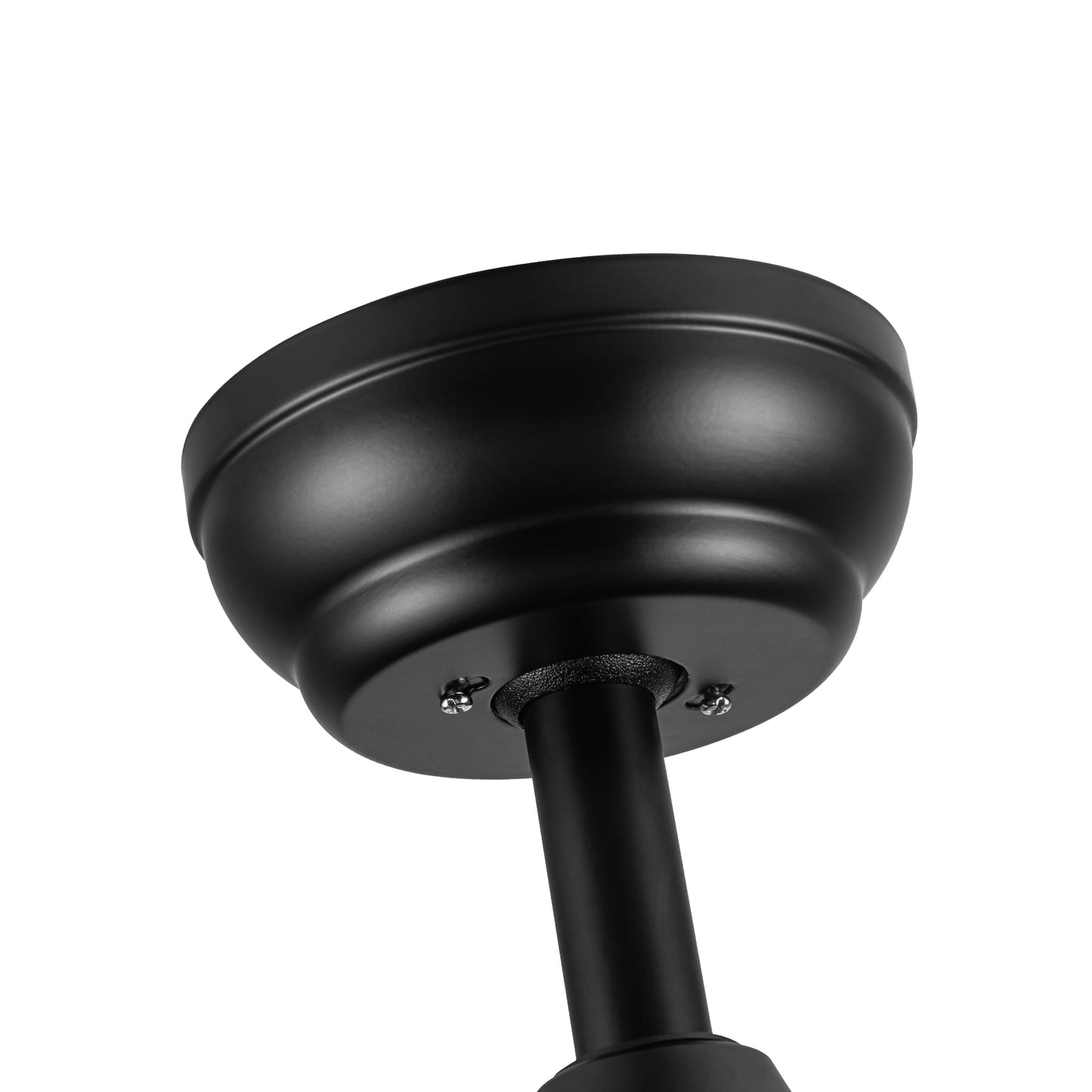 Closeup of a black metal ceiling fan canopy with sculpted detailing