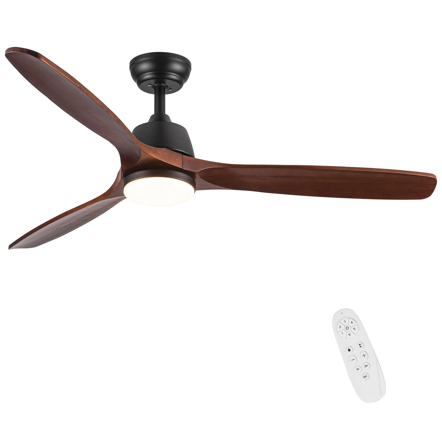 Modern ceiling fan with three walnutfinish blades and integrated LED light
