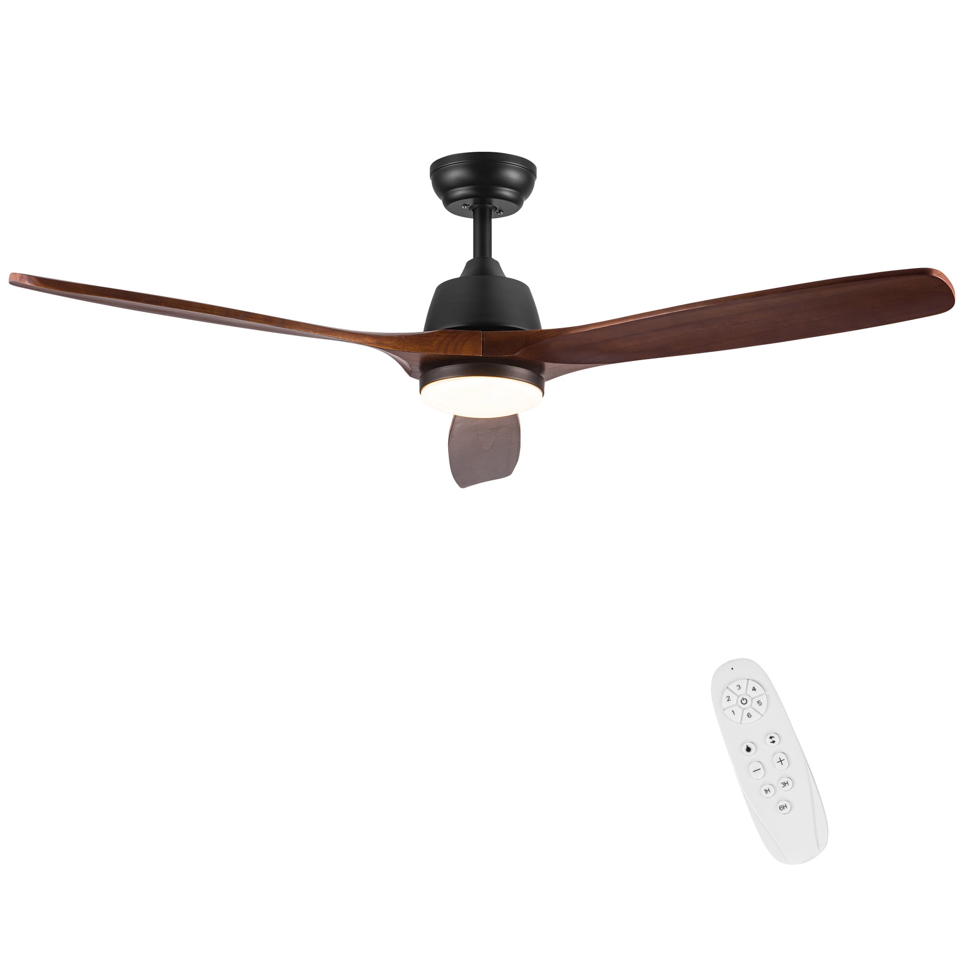 Modern black and wood blade ceiling fan with integrated LED light and remote control