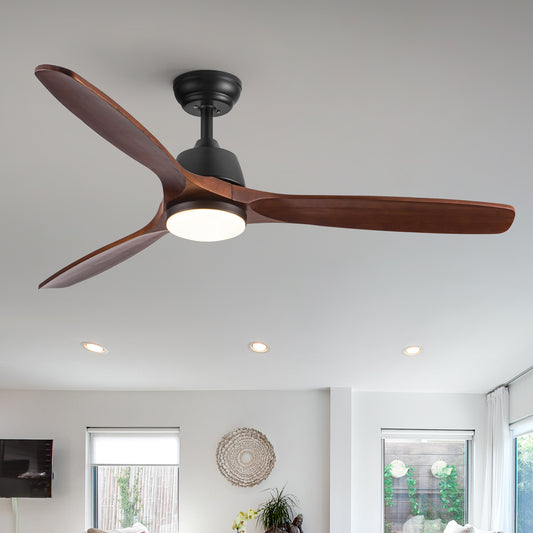 Modern blade ceiling fan with natural wood blades and integrated LED light