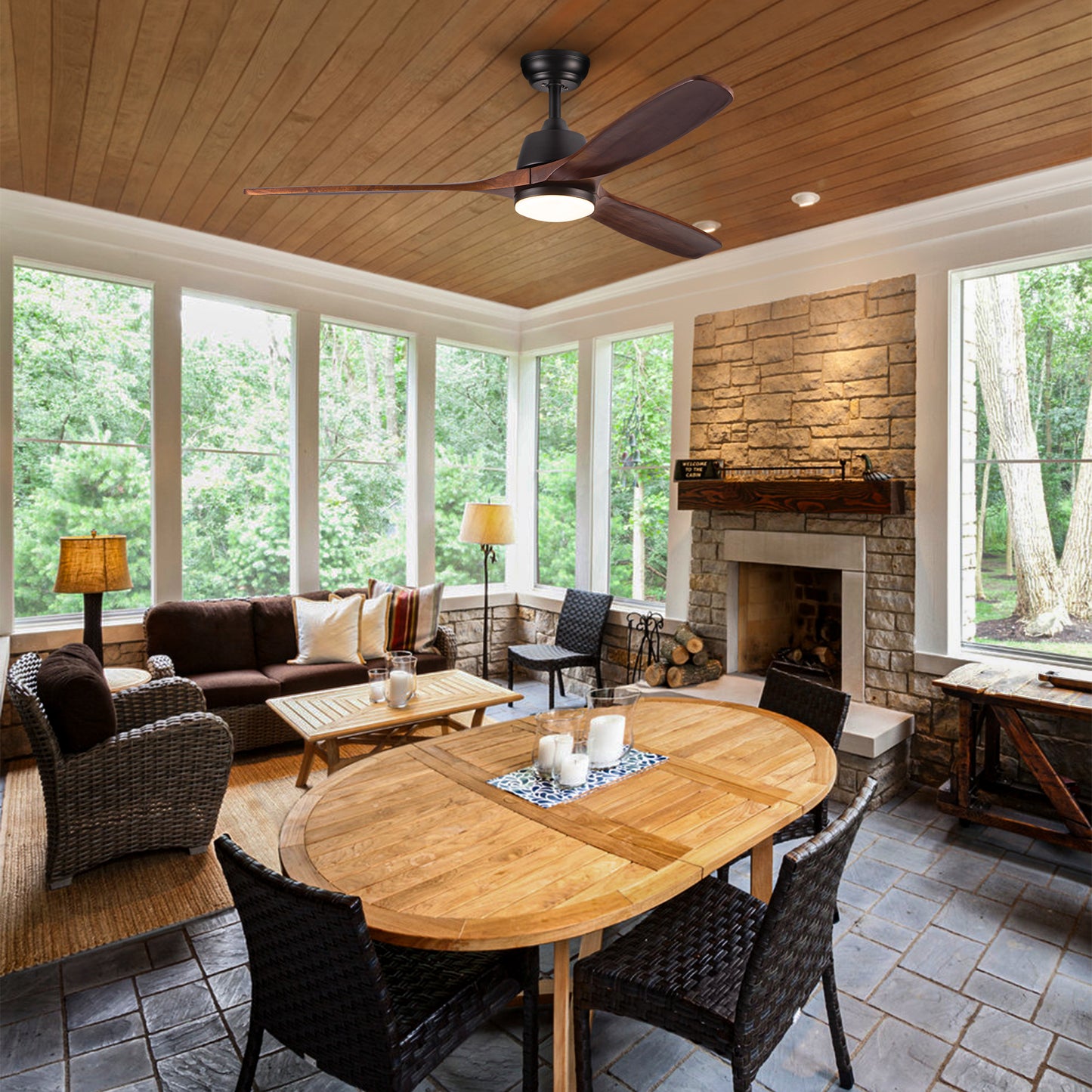 Black modern ceiling fan with wooden blades and integrated light