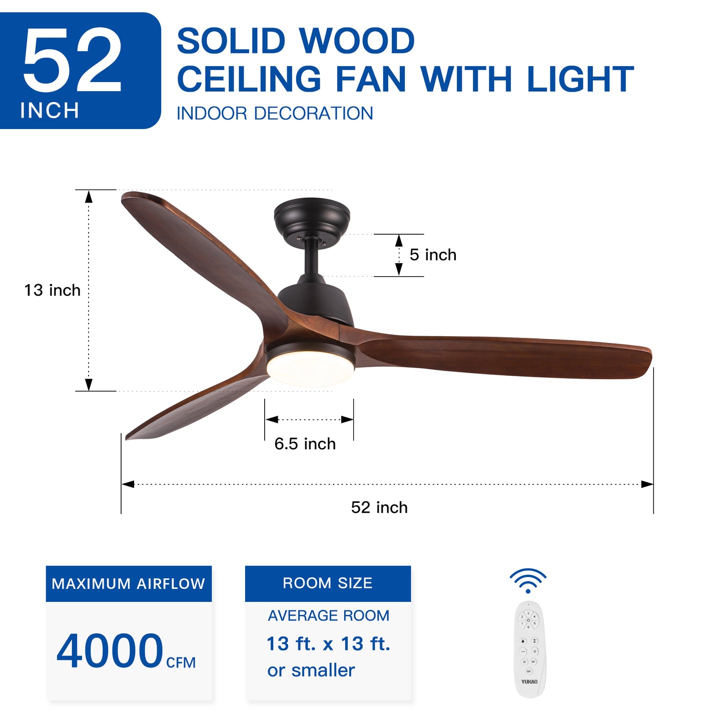 inch solid wood ceiling fan with light dark walnut blades and integrated LED