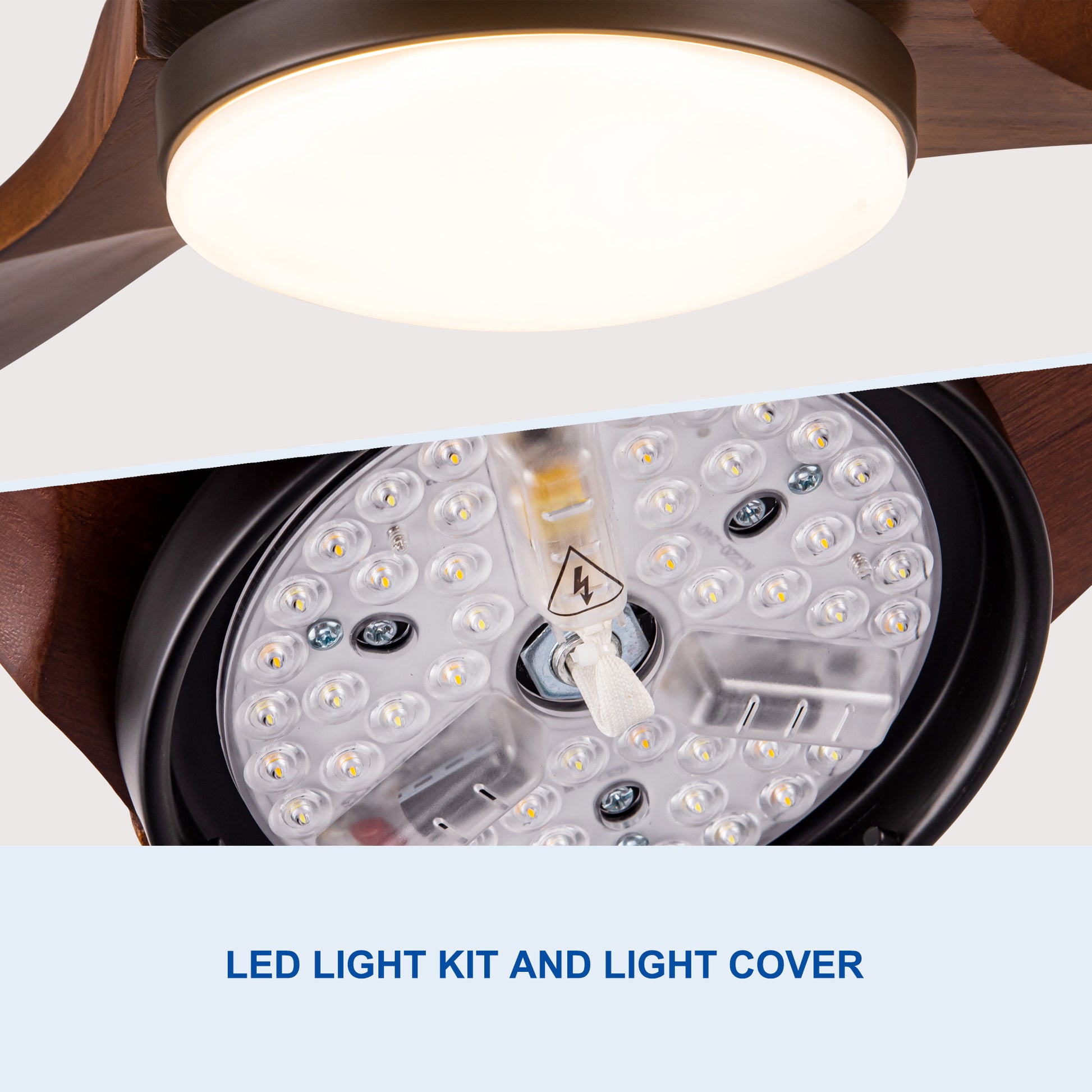 Closeup of a modern ceiling fans LED light kit with a white frosted glass cover