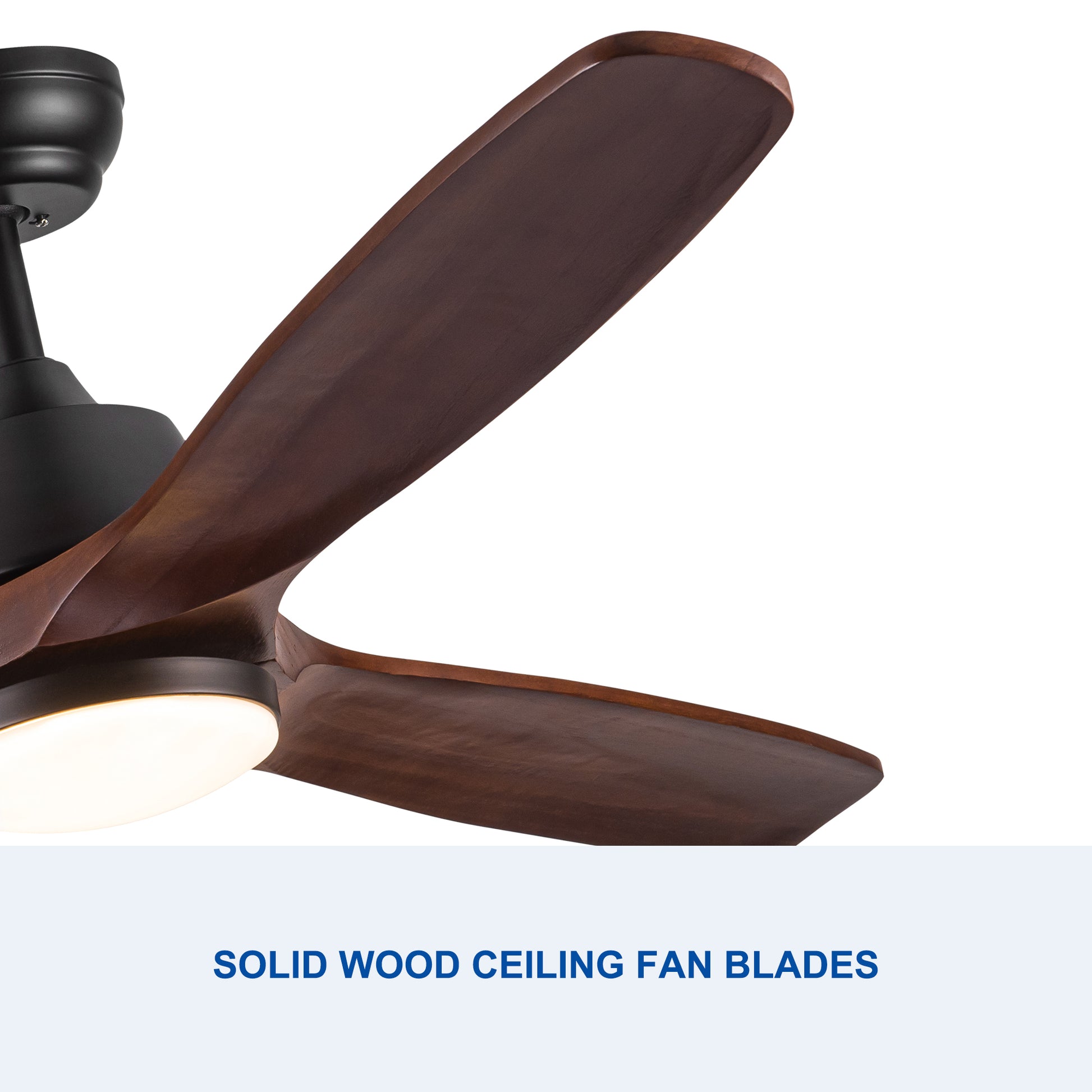 Closeup of a dark wood ceiling fan blade with integrated LED light